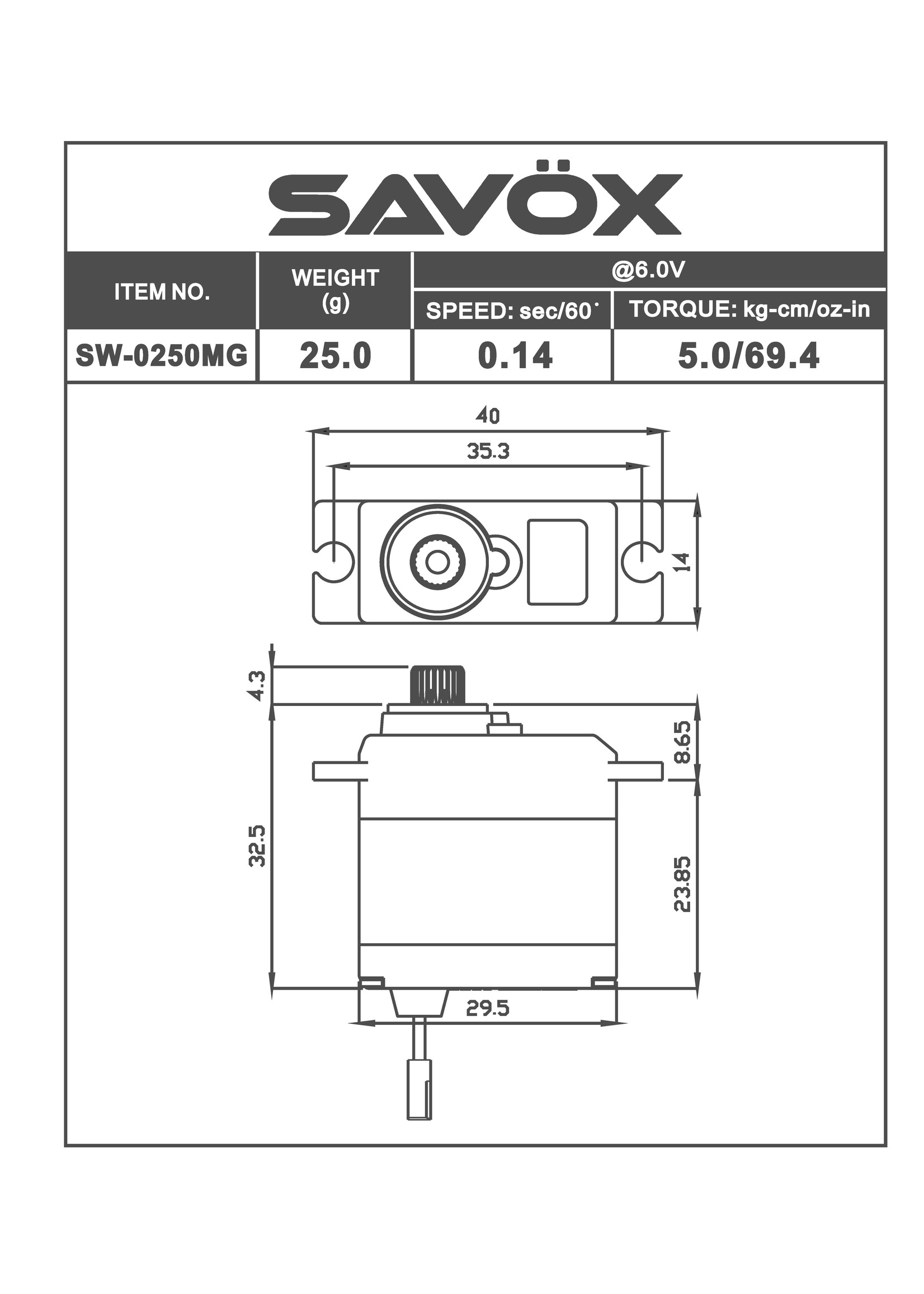 Savox SAVSW0250MG - Waterproof Micro Digital Servo 0.11sec / 69oz @ 6V