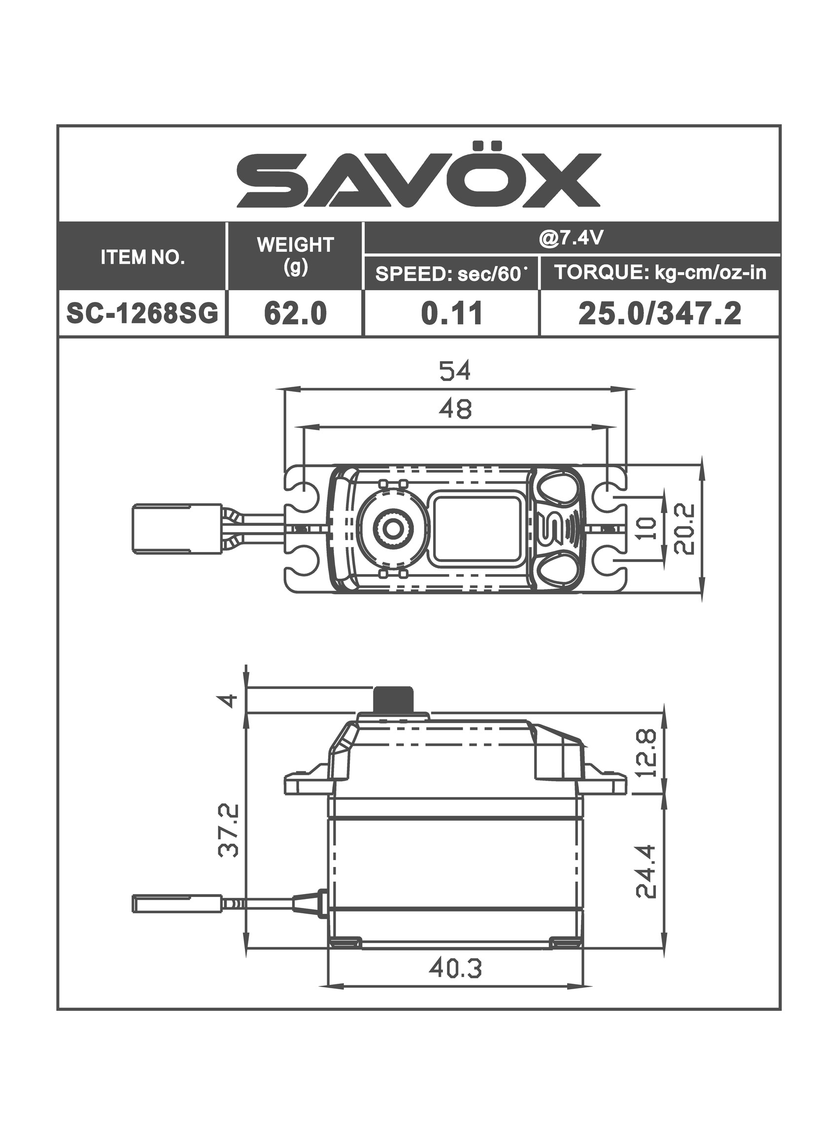 Savox SAVSC1268SG - High Torque Digital Servo 0.11sec / 347oz @7.4V