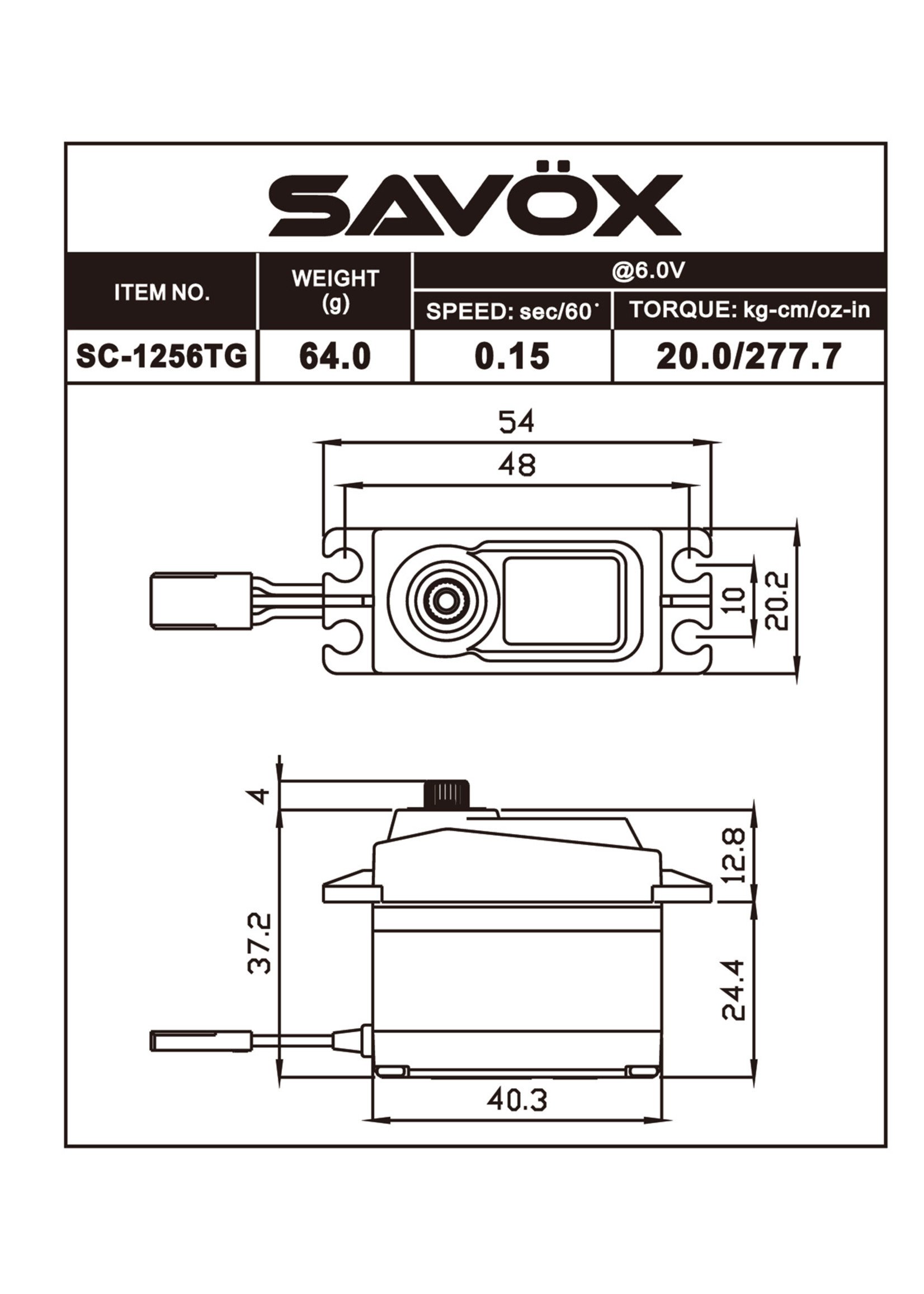 Savox SAVSC1256TG - Standard Size Coreless Digital Servo 0.15sec / 277oz @ 6V