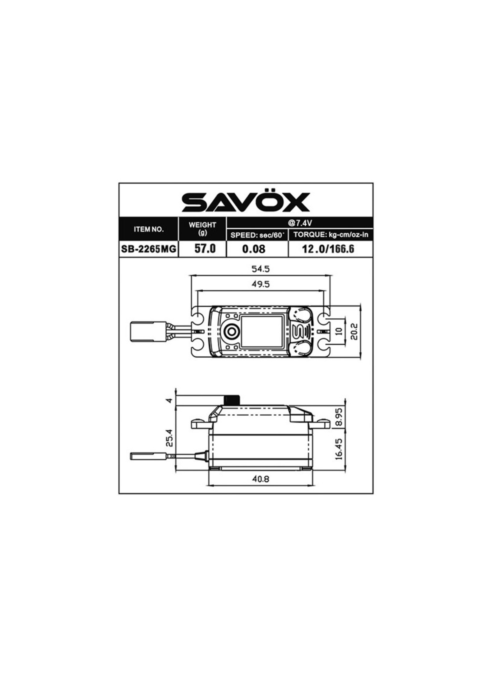 Savox SAVSB2265MG-BE - Black Edition Low Profile High Voltage Brushless Digital Servo 0.08sec / 166.6oz @ 7.4V