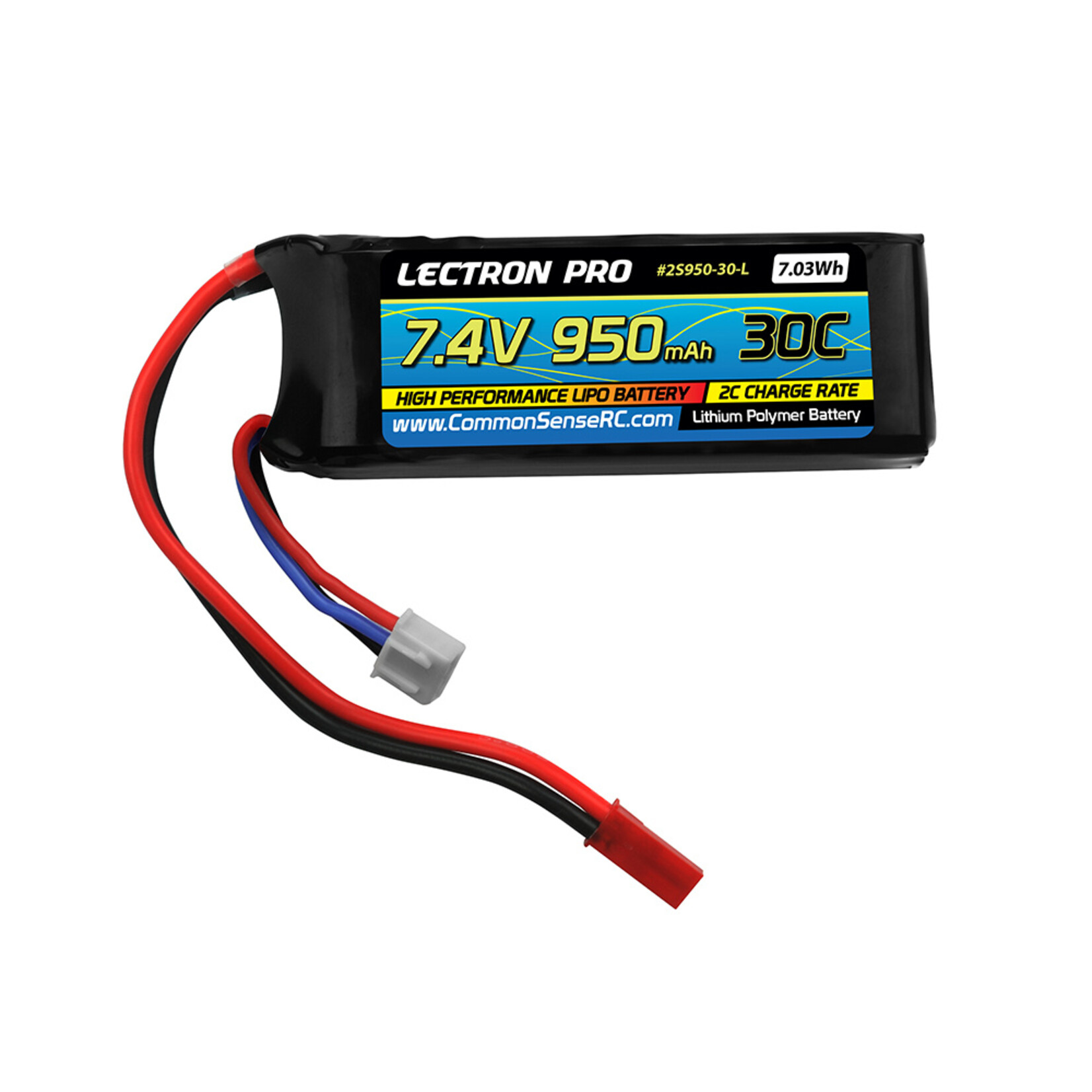 Common Sense RC 2S950-30-L - 7.4V 950mAh 30C Lipo Battery with JST Connector