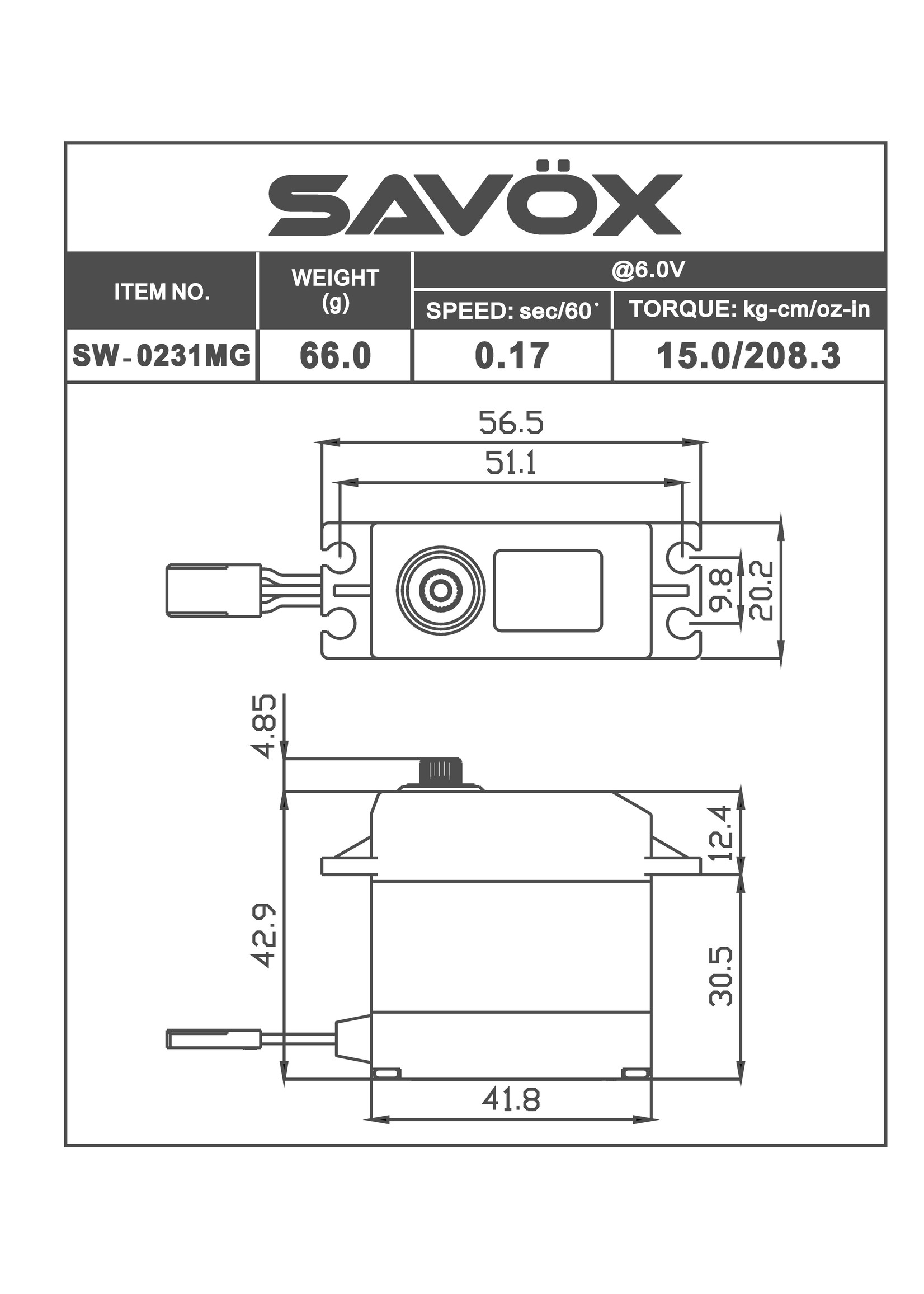 Savox SAVSW0231MG - Waterproof Standard Digital Servo 0.15sec / 208oz @ 6V