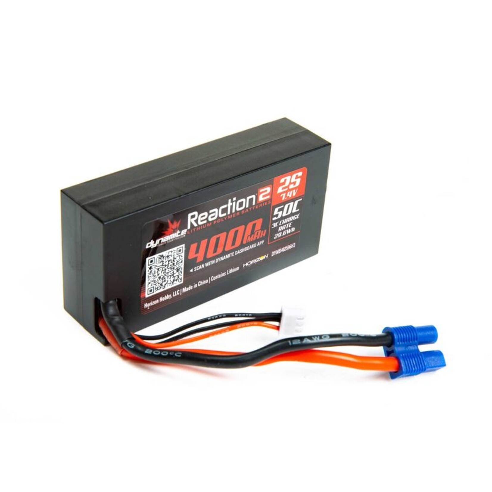 Dynamite DYNB402596H3 - 7.4V 4000mAh 2S 50C Reaction 2.0 Hardcase LiPo Battery: EC3