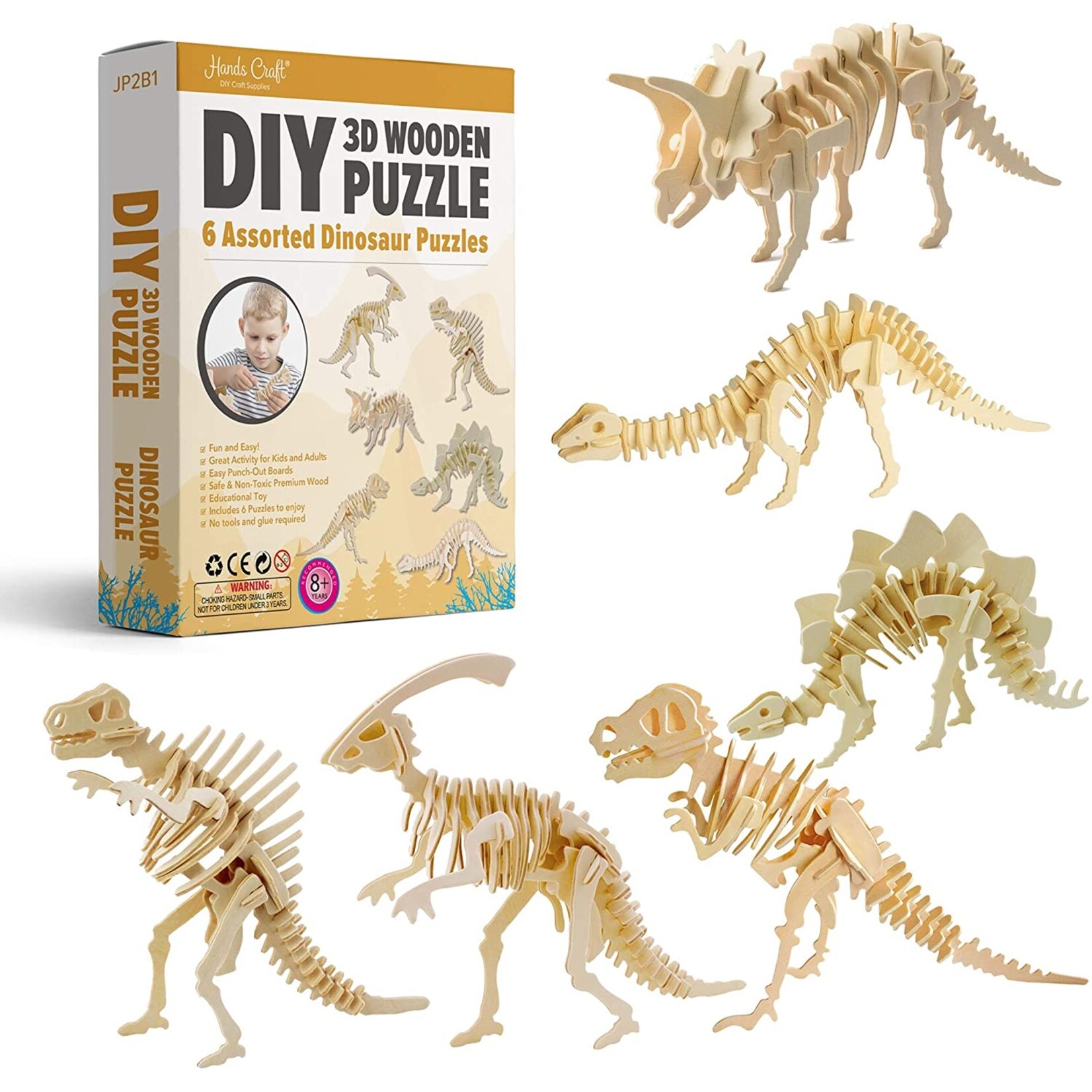 Hands Craft 3D Wooden Puzzle 6ct - Dinosaur
