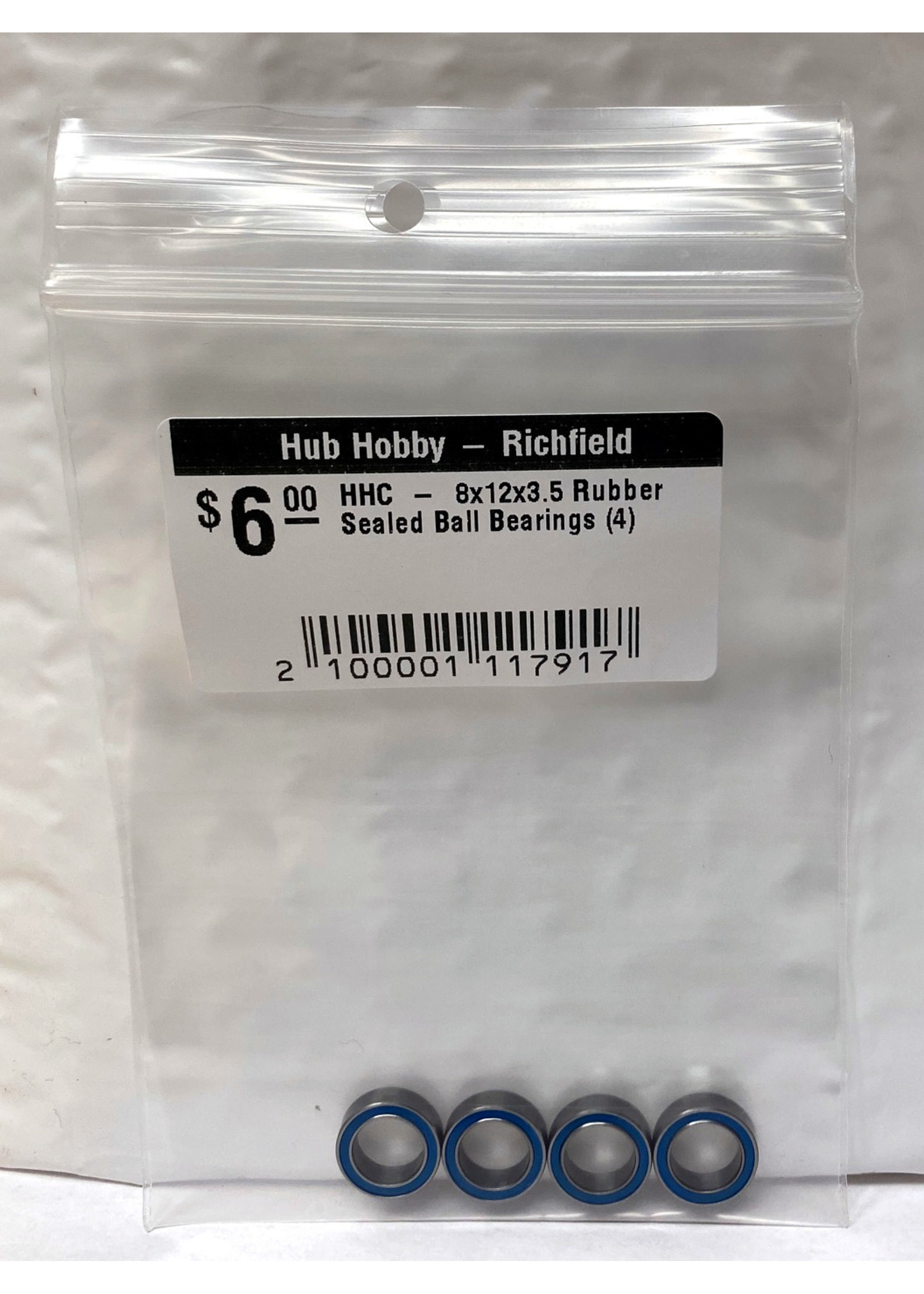 Hub Hobby Rubber Sealed Ball Bearings, 8x12x3.5mm, (4)