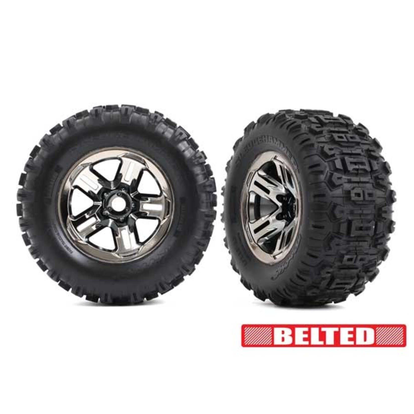 Traxxas 9573A - Sledgehammer Tires & Wheels, Belted - Black Chrome