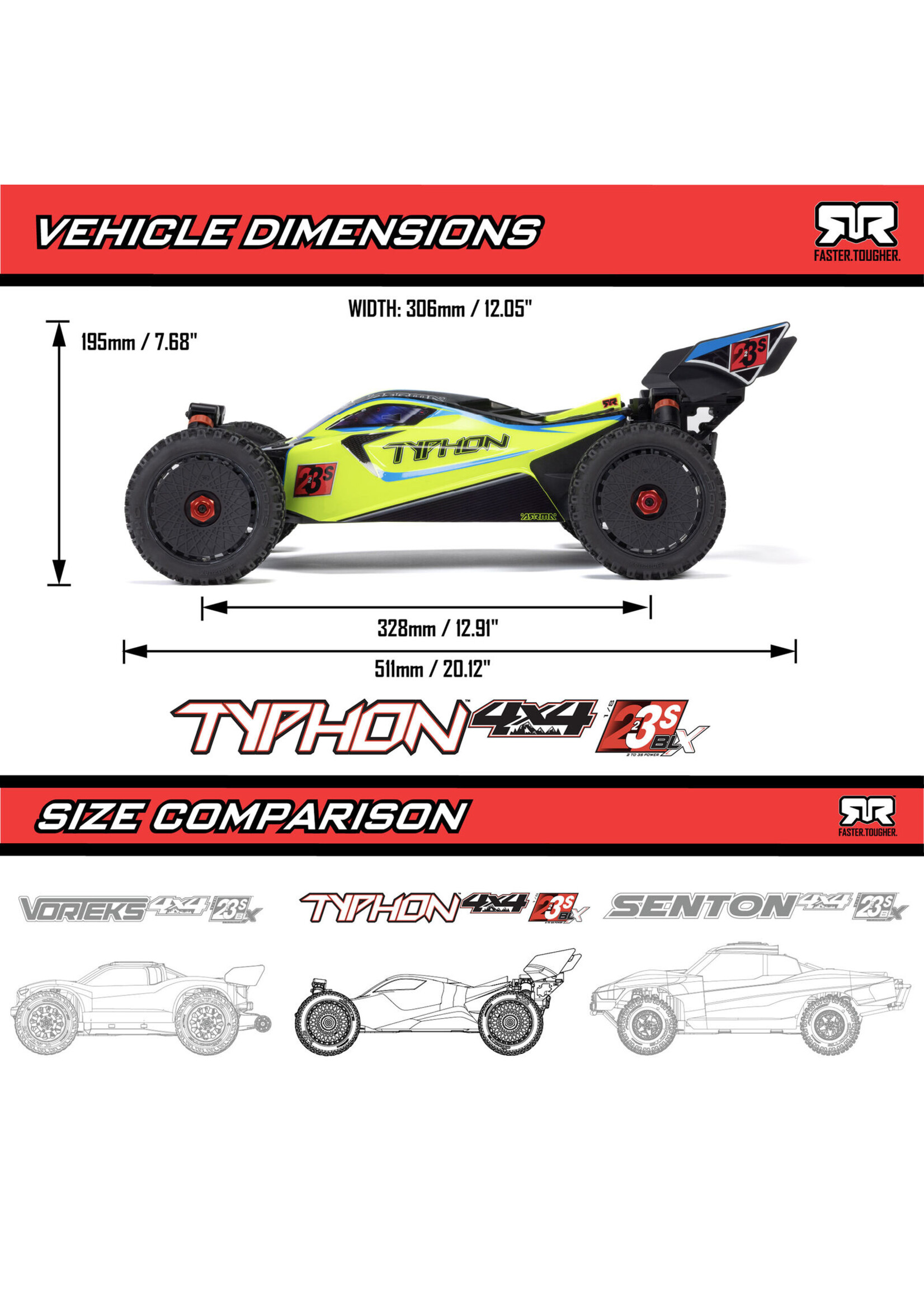 Arrma ARA4306V4T2 - 1/8 Typhon 4X4 223S BLX Buggy RTR With DSC - Yellow