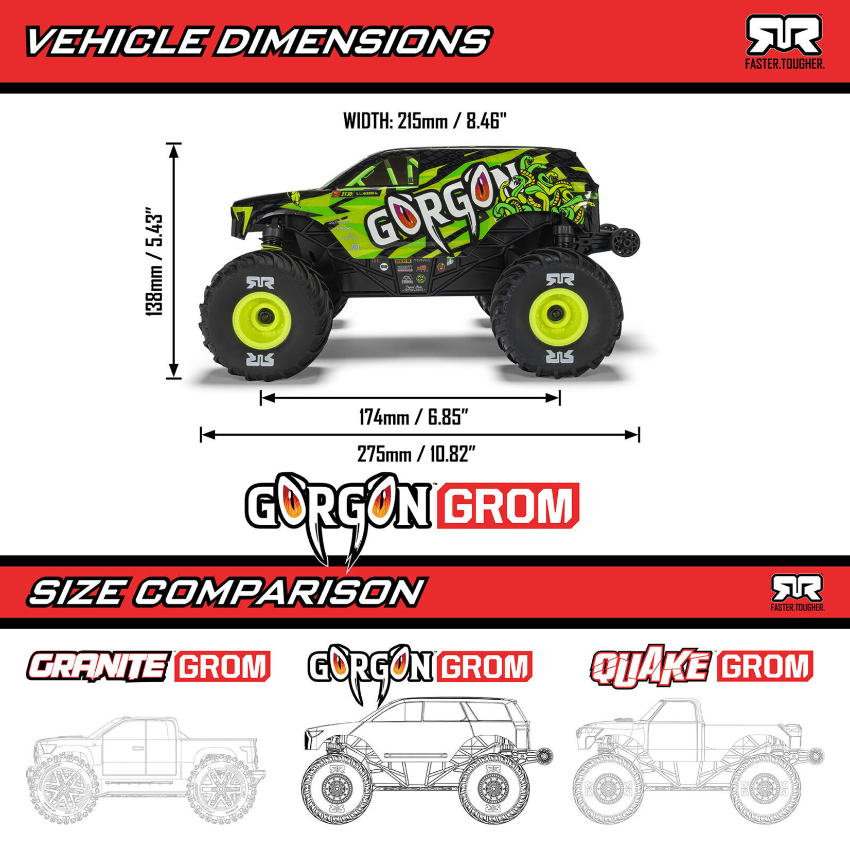 Arrma ARA2130T2 - 1/16 GORGON GROM 4X4 RTR Brushed Monster Truck - Red