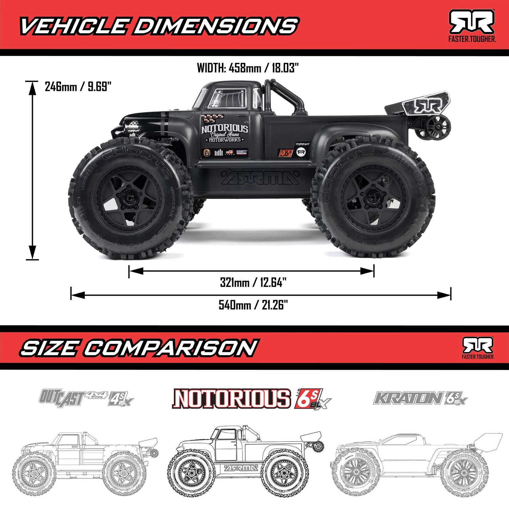 Arrma ARA8611V6T1 1:8 NOTORIOUS 6S 4X4 RTR Brushless Stunt Truck Black
