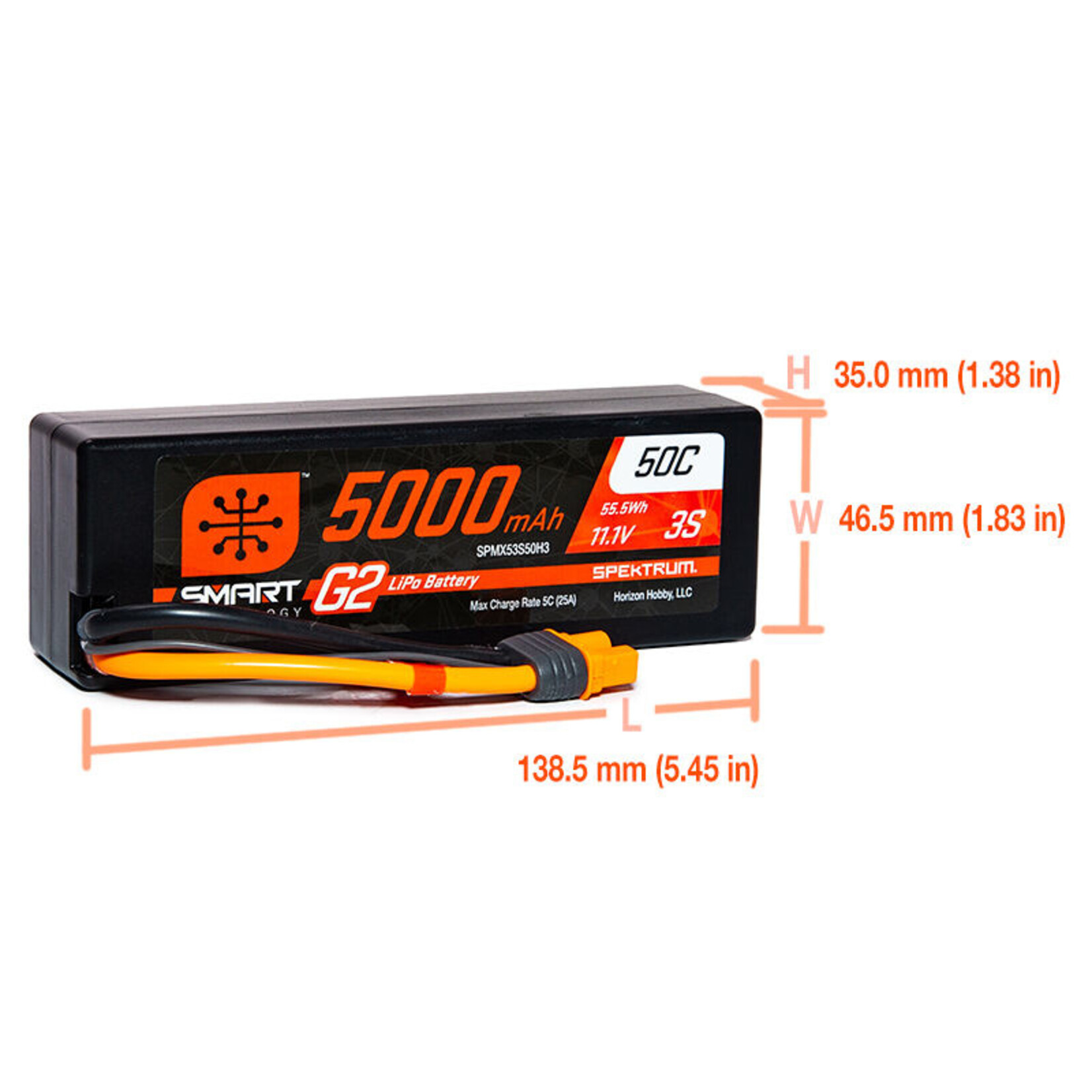 Spektrum SPMX53S50H3 11.1V 5000mAh 3S 50C Smart G2 Hard Case LiPo IC3