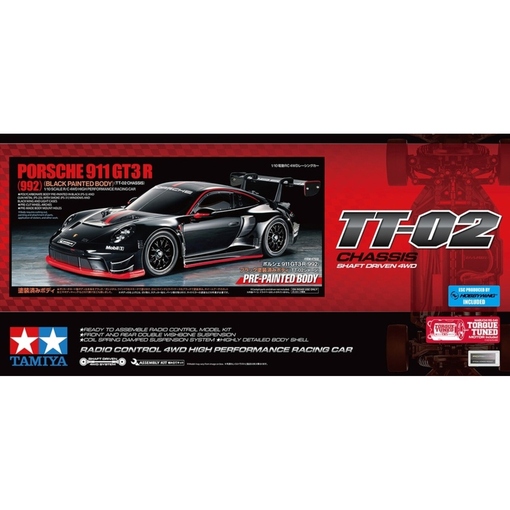 Tamiya 47512 - 1/10 Porsche 911 GT3 R 4WD Electric Touring, Pre-Painted Body TT-02