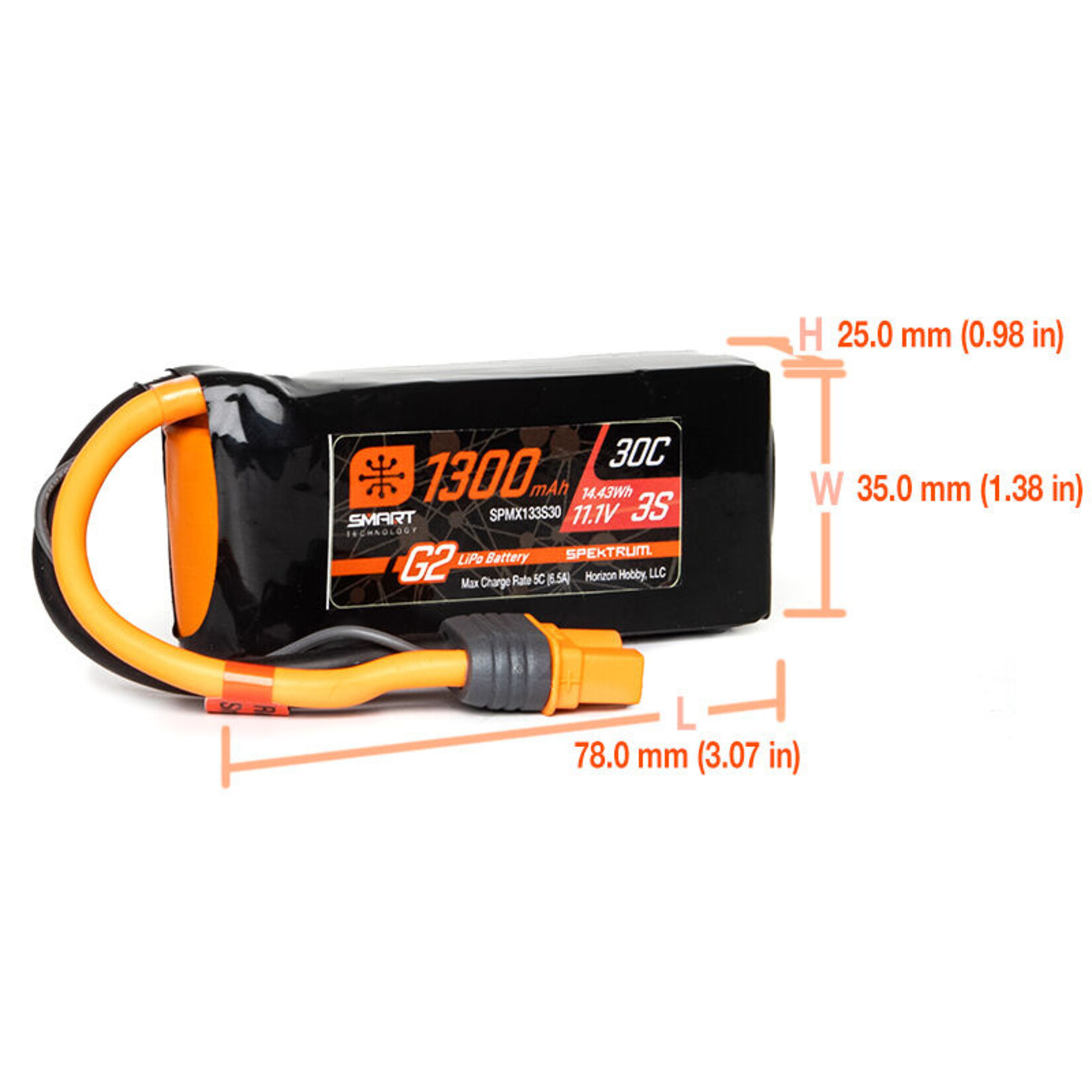 Spektrum SPMX133S30 11.1V 1300mAh 3S 30C Smart G2 LiPo Battery: IC3