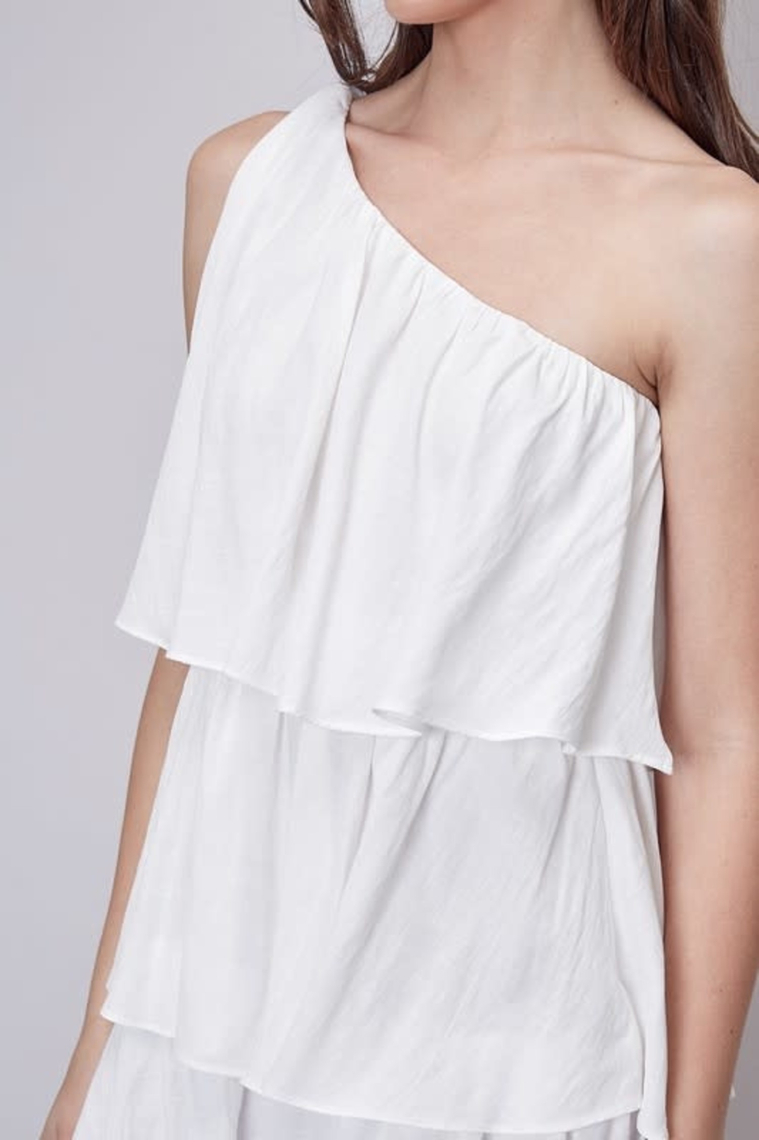 white one shoulder ruffle dress