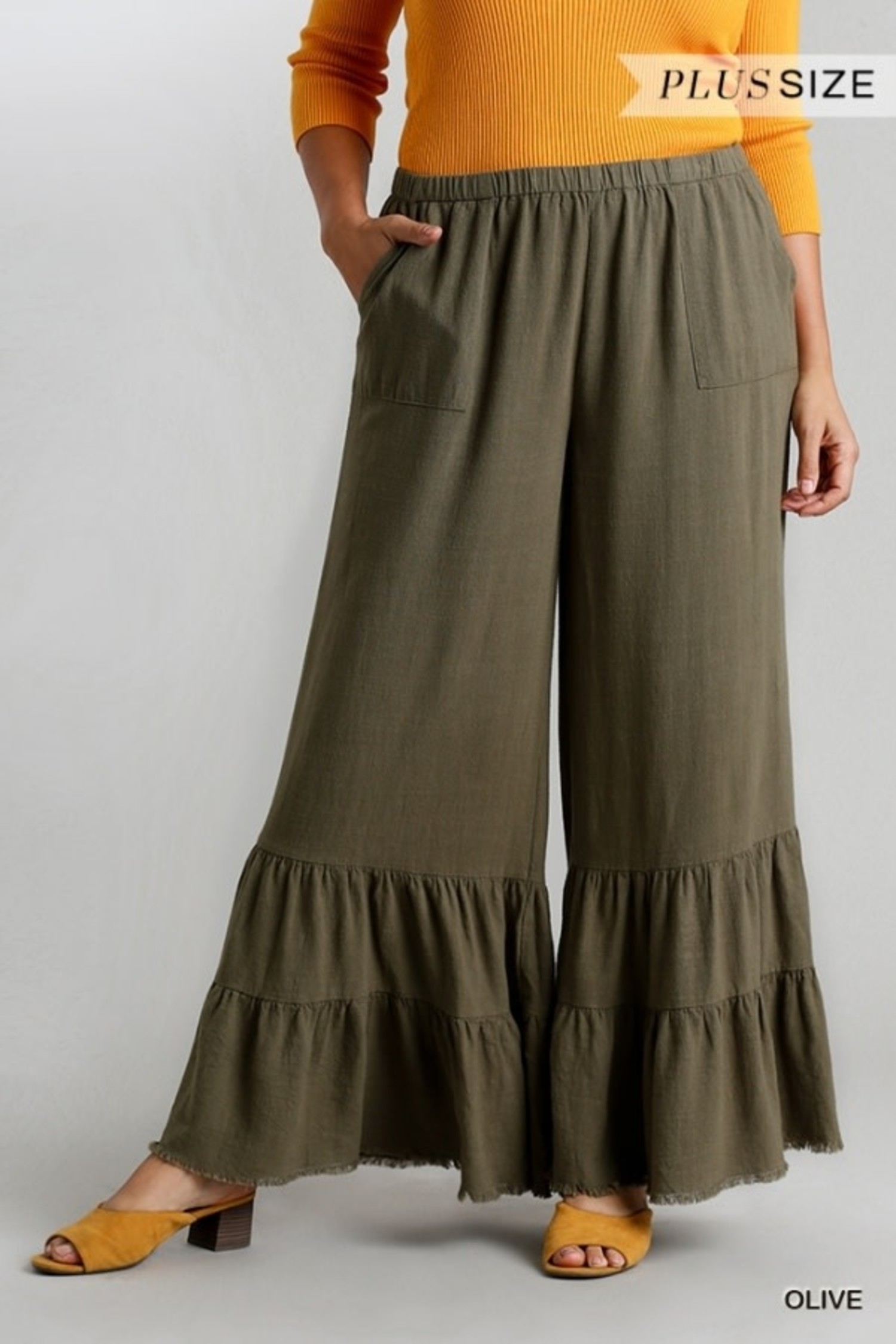 Linen Blend Wide Leg Ruffle Pant 