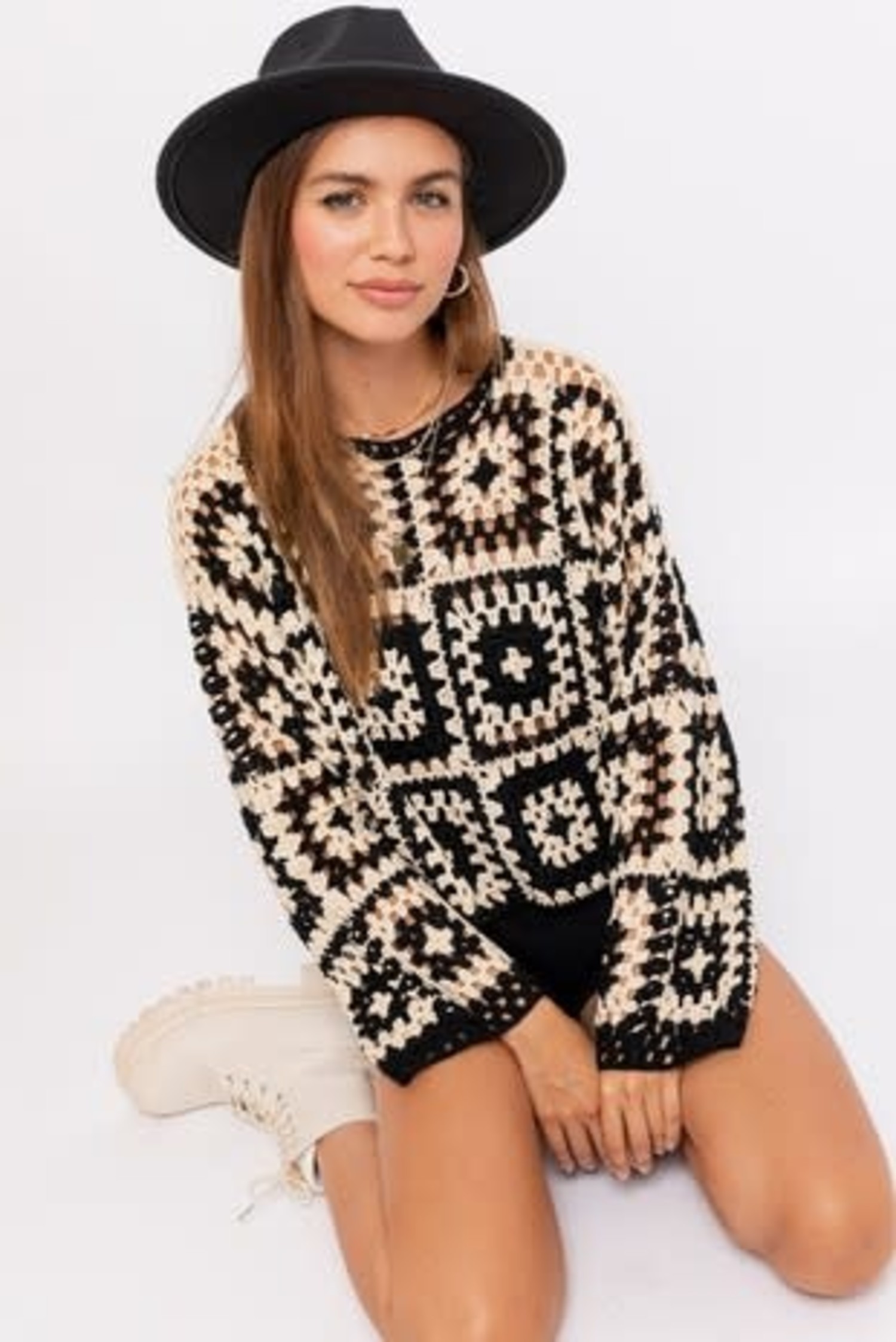 Crochet Black and Tan Open Sweater 