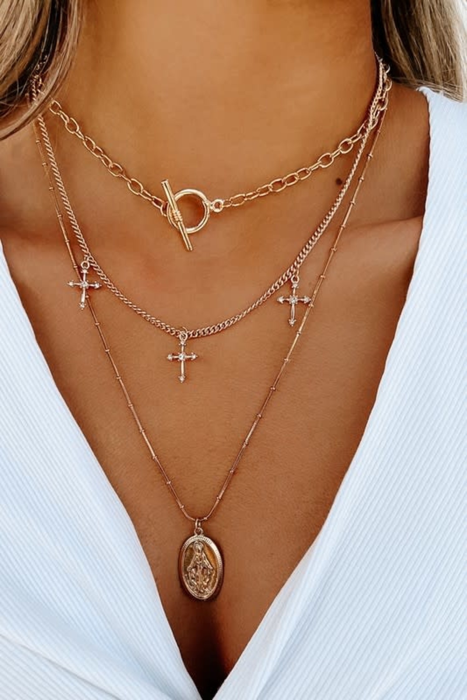 Rhinestone Cross and Pendant Layered Necklace - Society Boutique