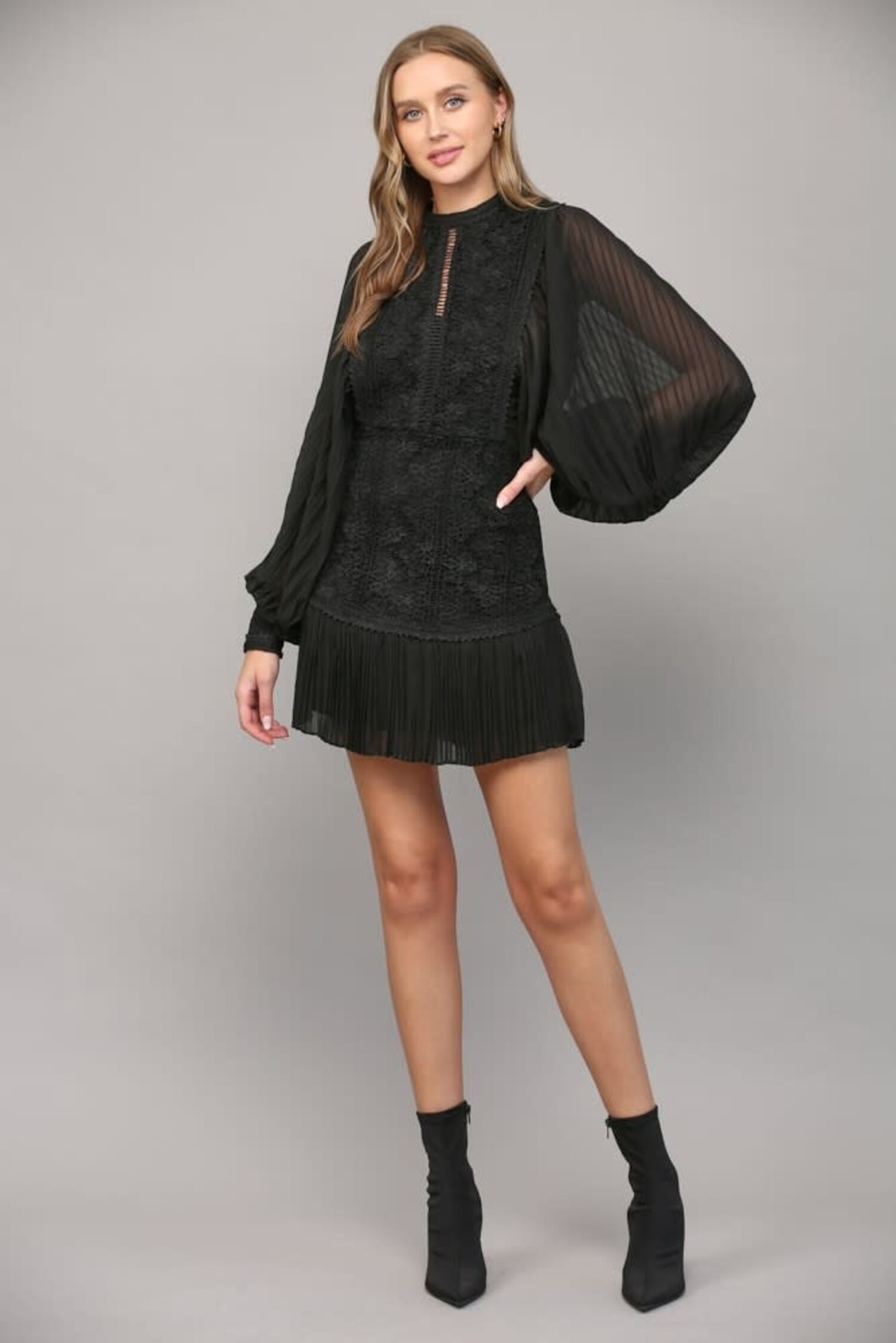 Pleated Volume Sleeve and Lace Mini Dress - Society Boutique