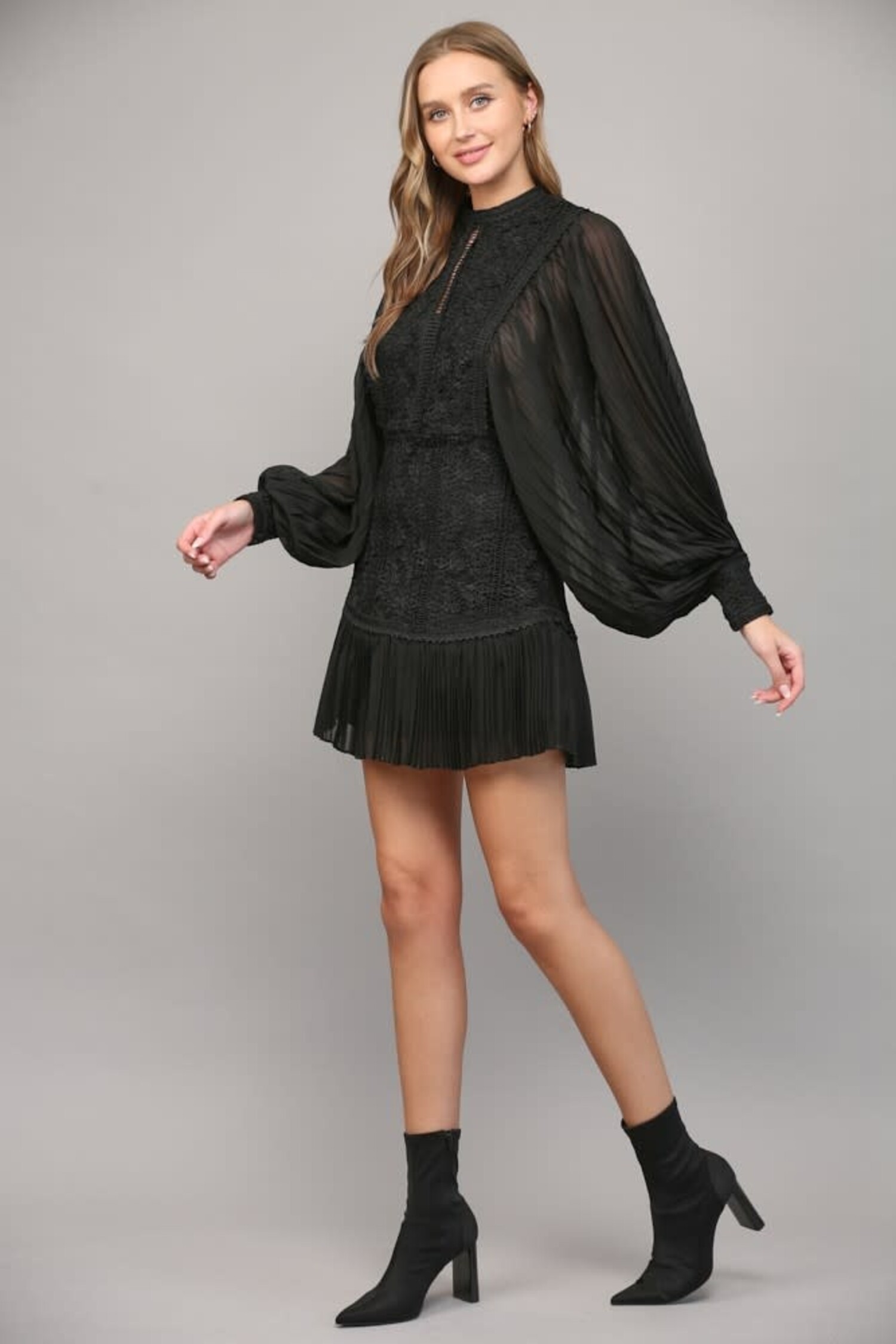 Society Boutique Pleated Volume Sleeve and Lace Mini Dress
