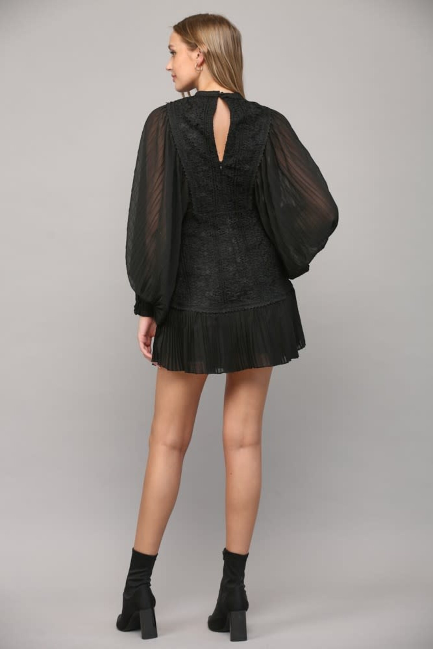 Society Boutique Pleated Volume Sleeve and Lace Mini Dress