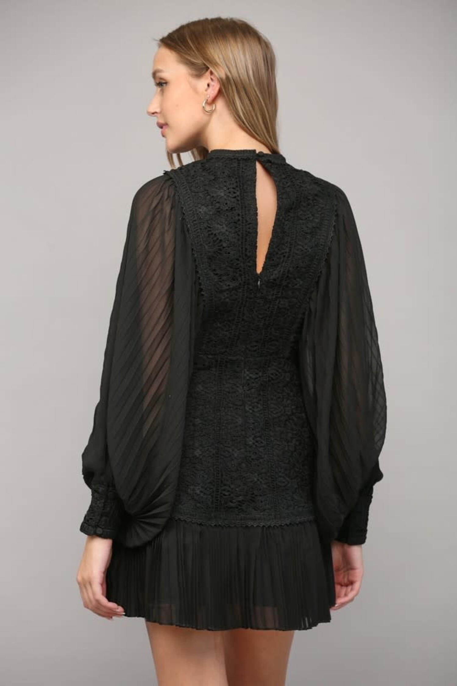 Pleated Volume Sleeve and Lace Mini Dress - Society Boutique