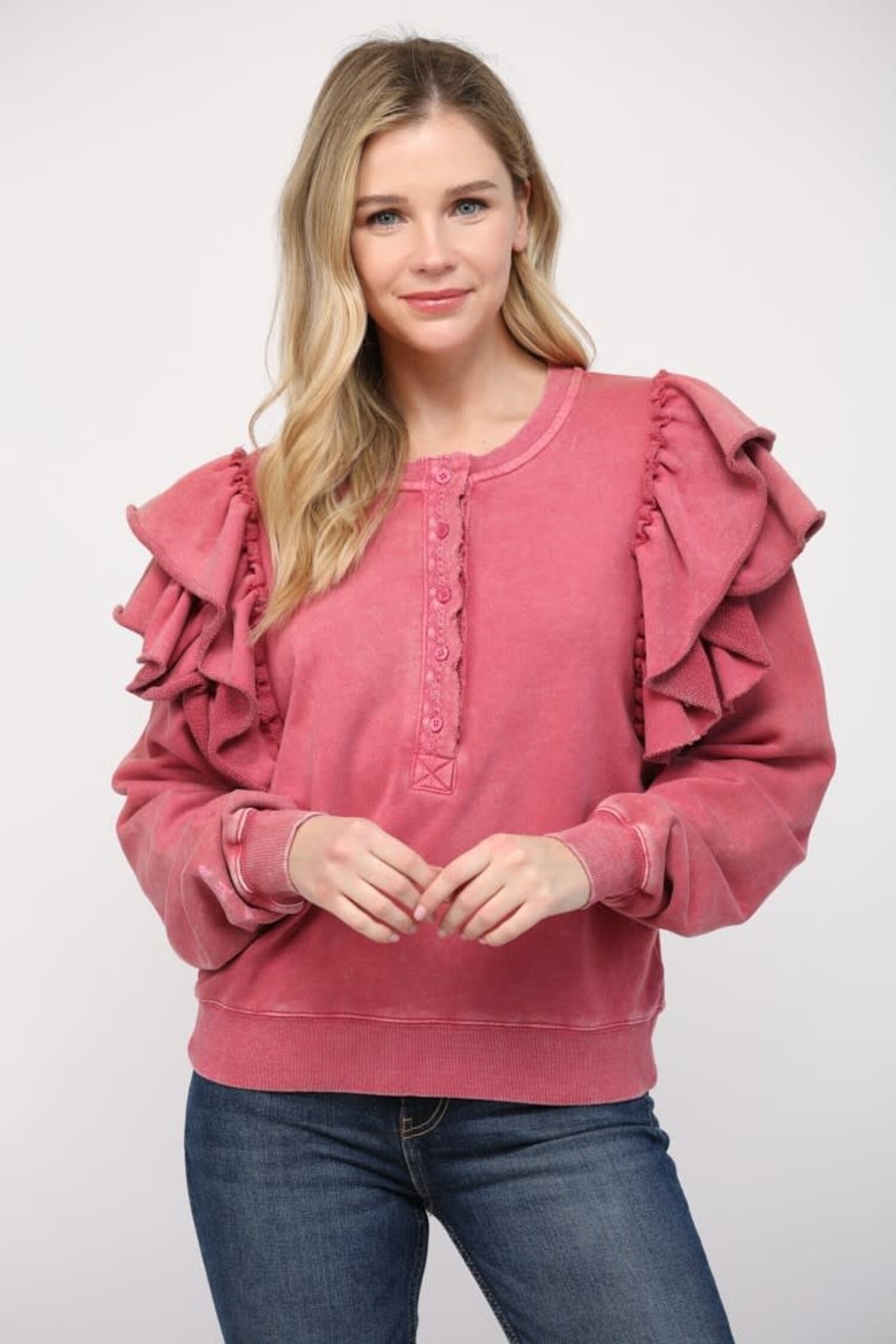 Washed Ruffle Sleeve Sweatshirt - Society Boutique