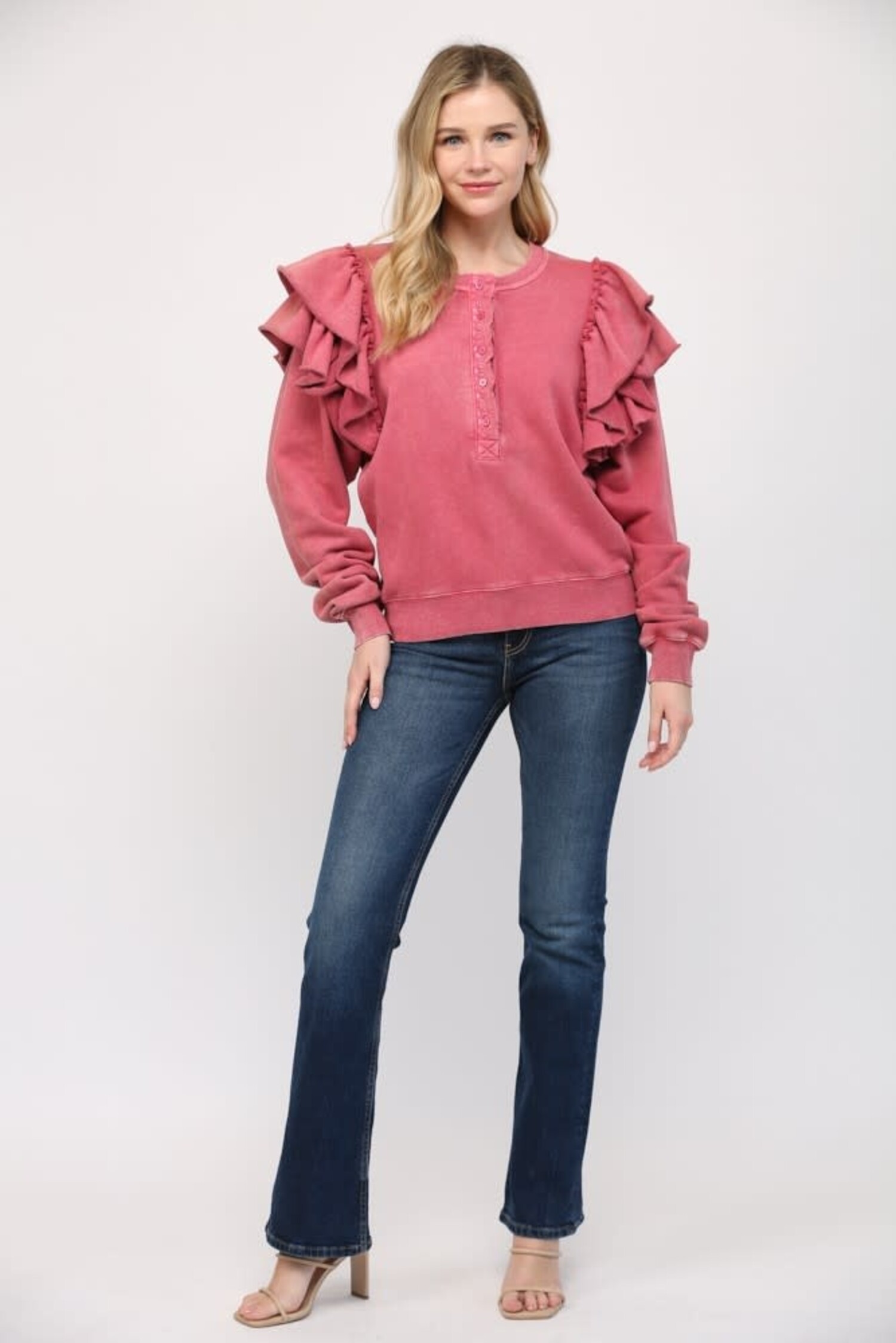 Washed Ruffle Sleeve Sweatshirt - Society Boutique