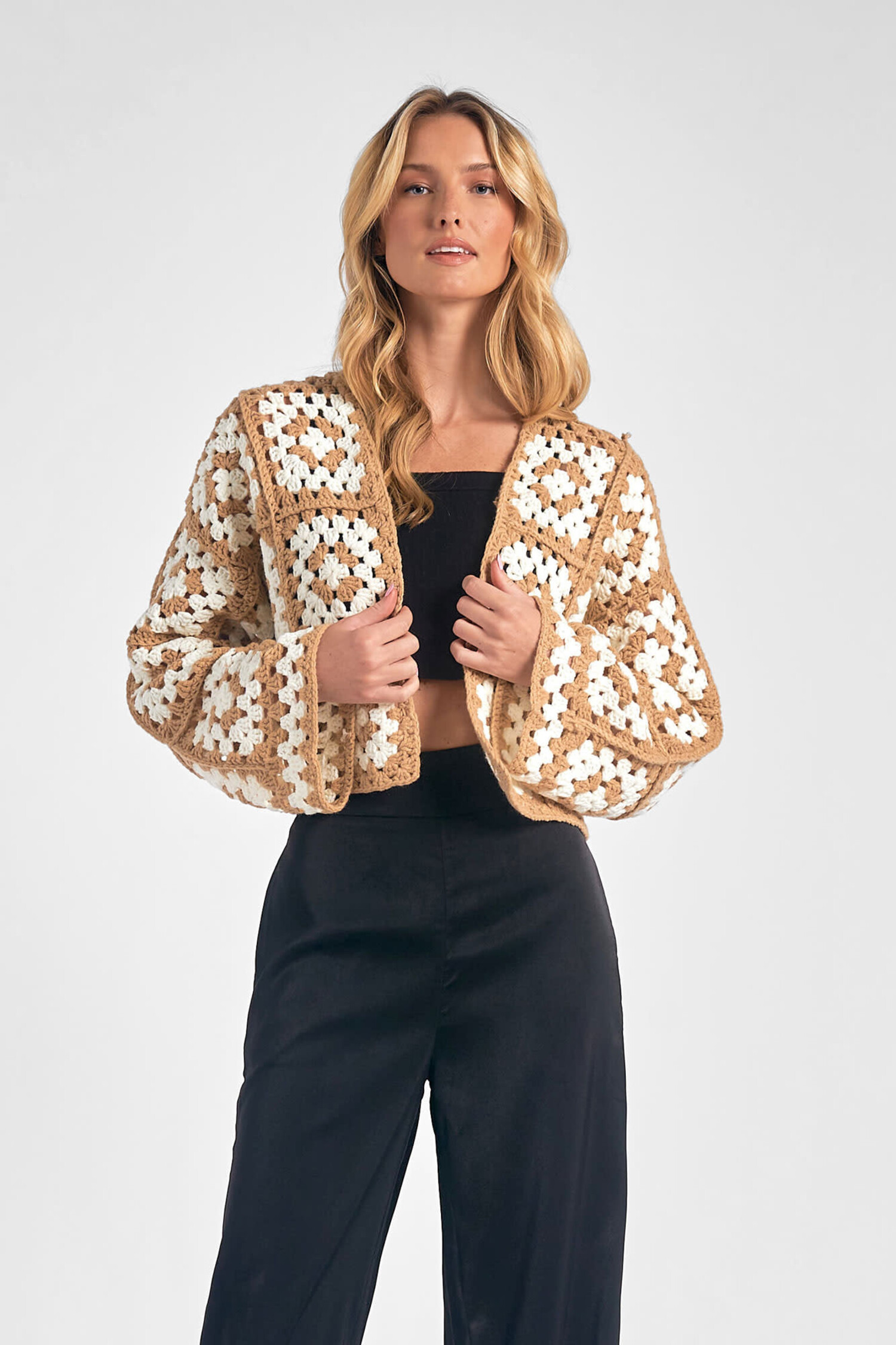 Laid Back Lifestyle Open Front Crochet Knit Cardigan (Beige