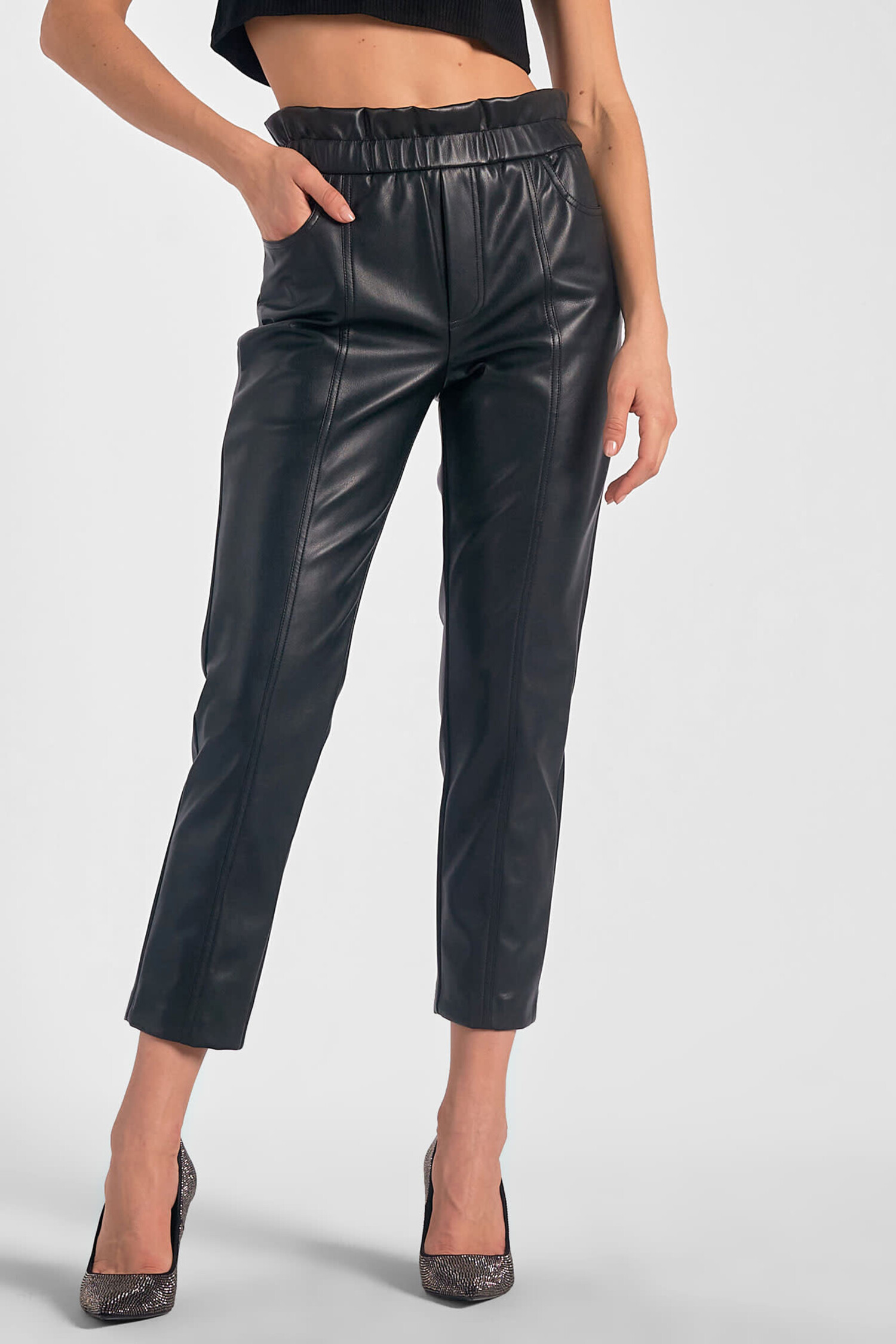 BLACK LEATHER PANTS WITH WAIST DETAIL