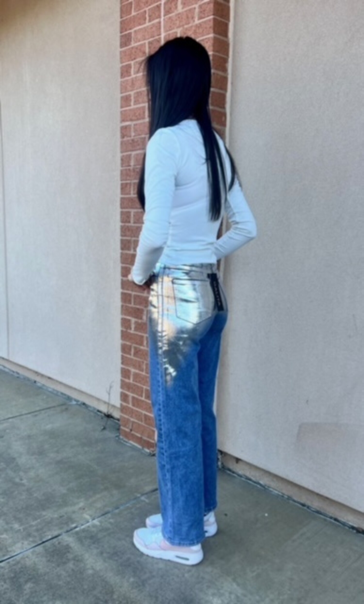 Metallic Silver Straight Leg Jean - Society Boutique