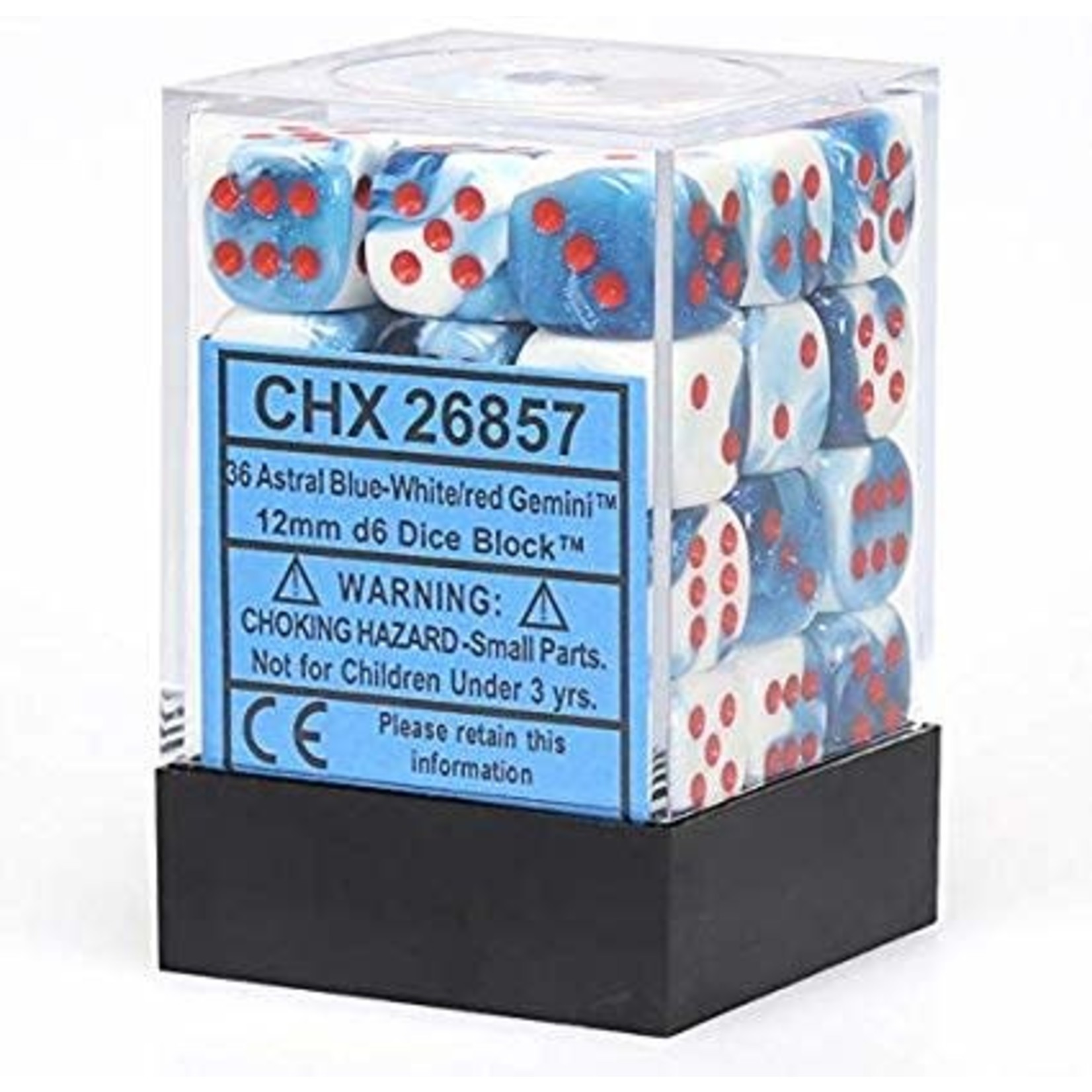 Chessex Gemini Astral Blue White w/red 12mm d6 dice (36)