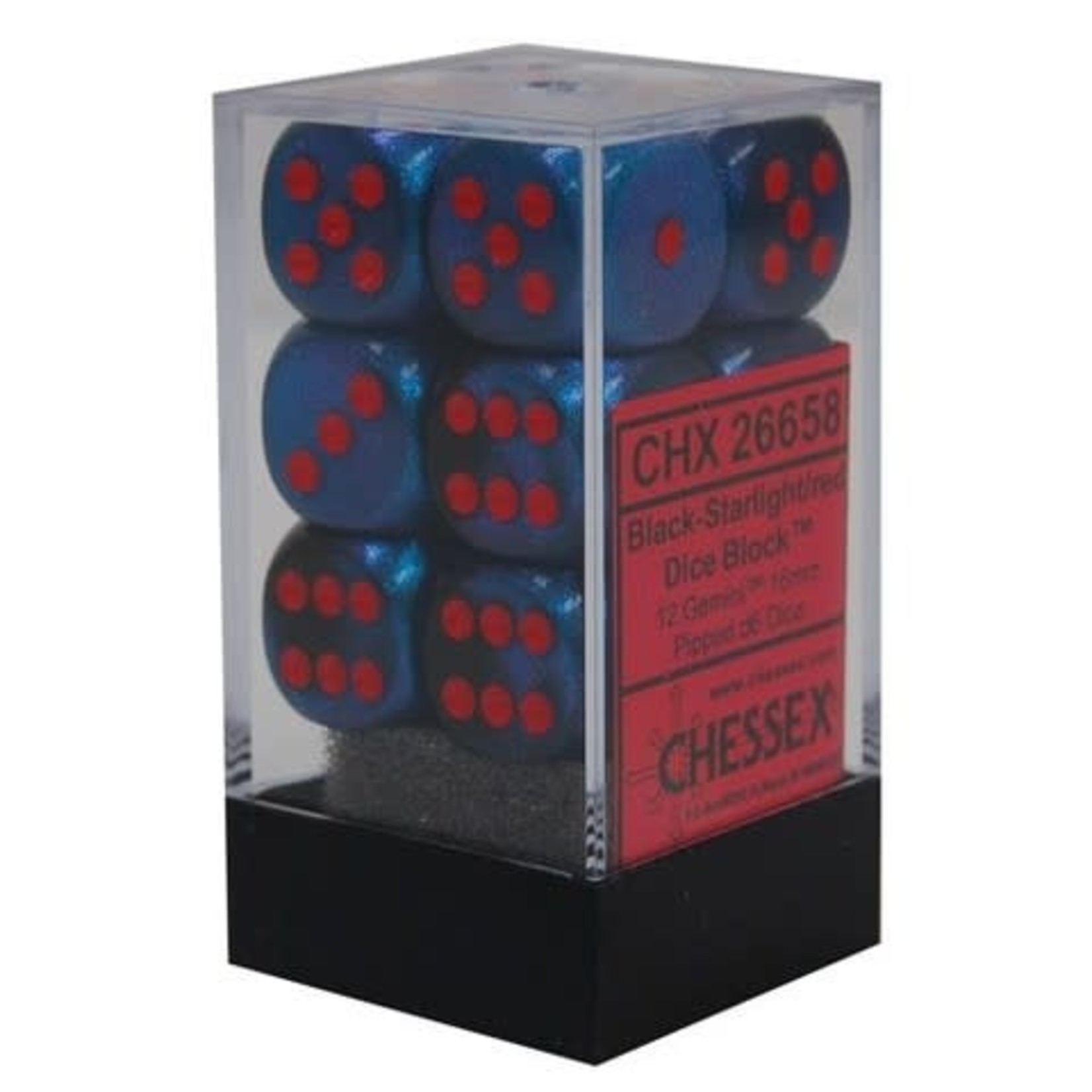 Chessex Gemini Black Starlight w/red 16mm d6 dice (12)