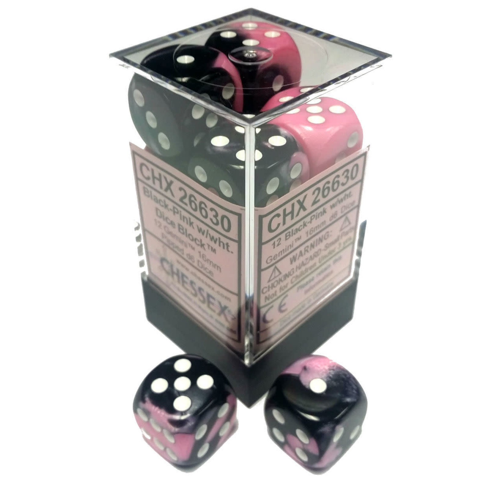 Chessex Gemini Black-Pink w/White 16mm d6 Dice (12)