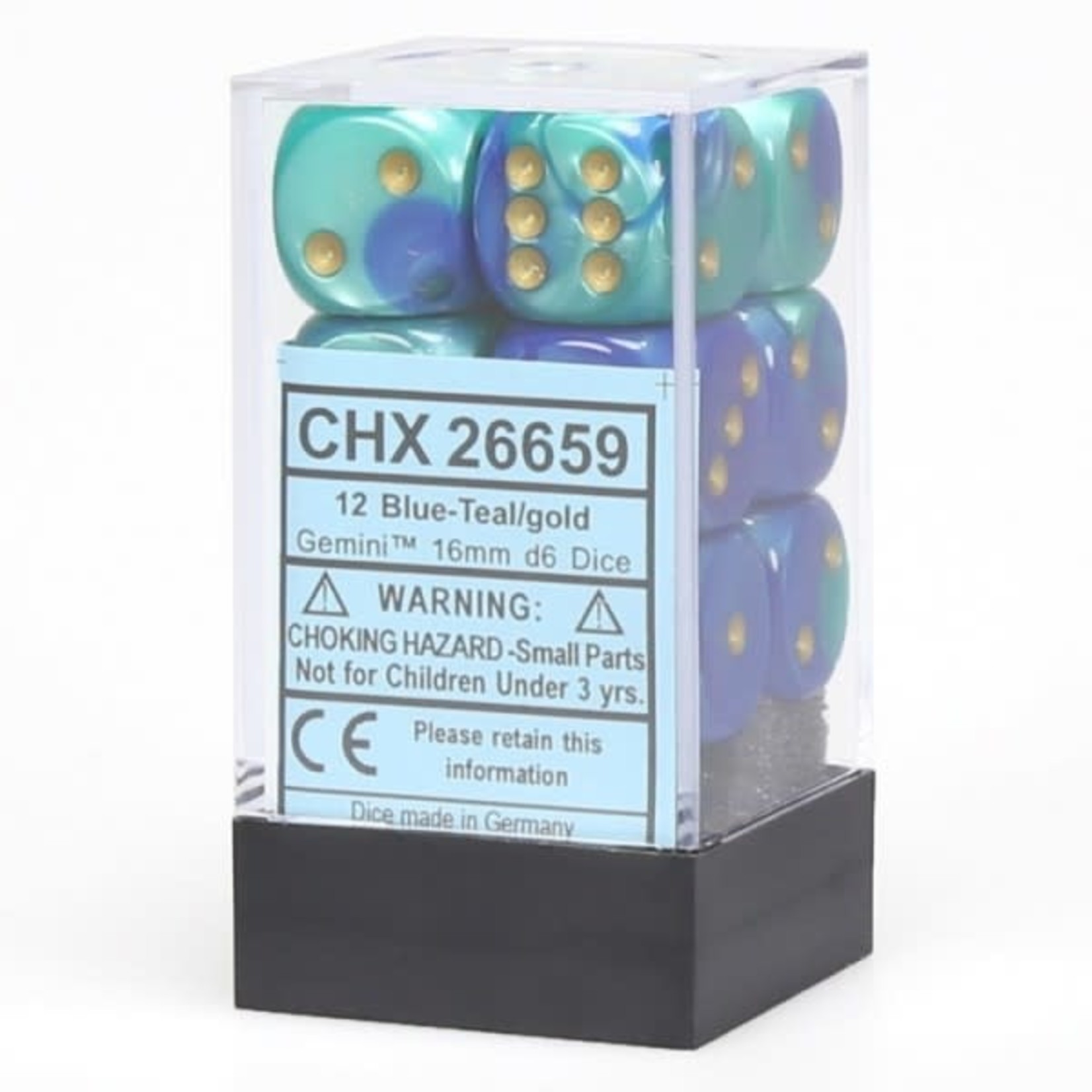 Chessex Gemini Blue Teal w/gold 16mm d6 dice (12)