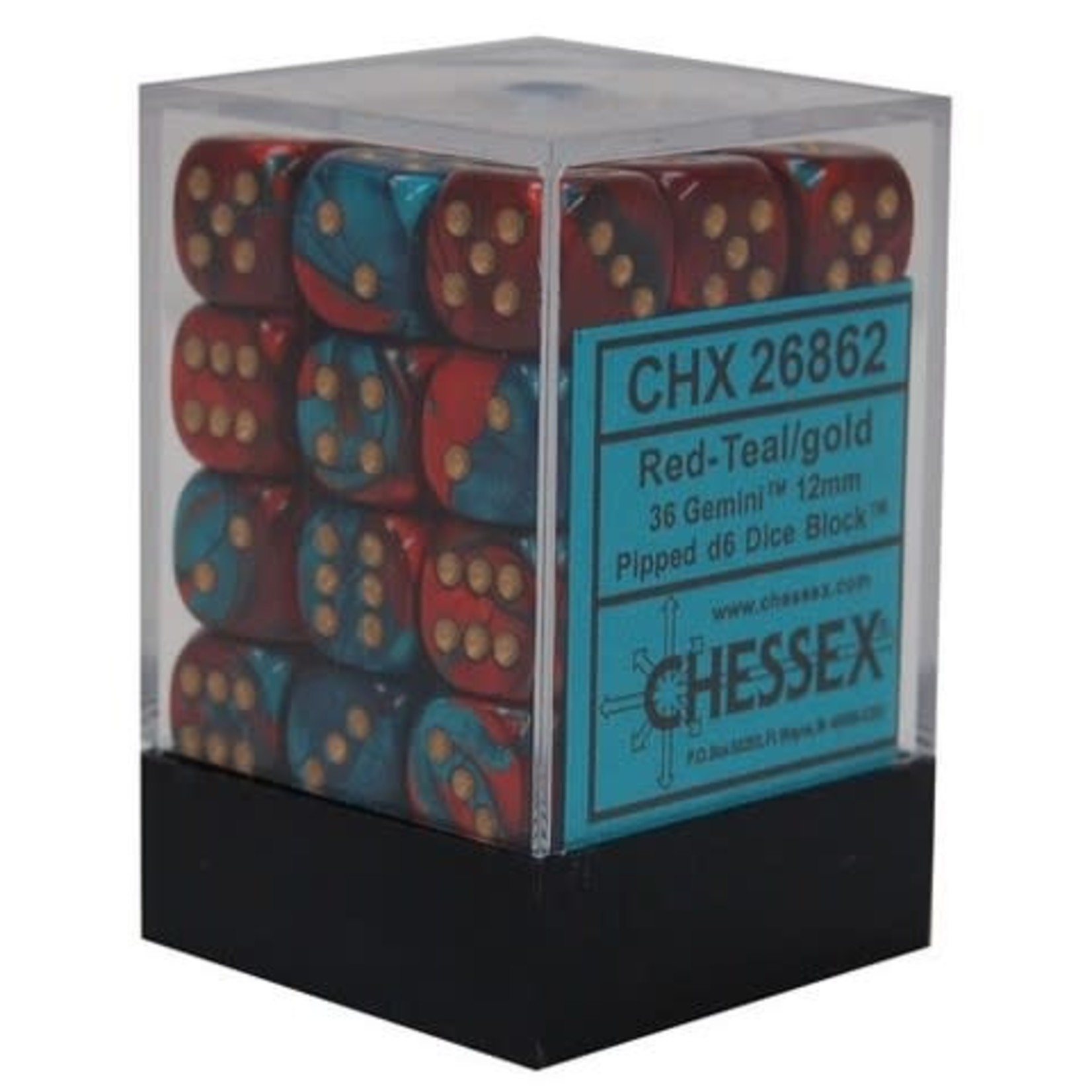 Chessex Gemini Red Teal w/gold 12mm d6 dice (36)