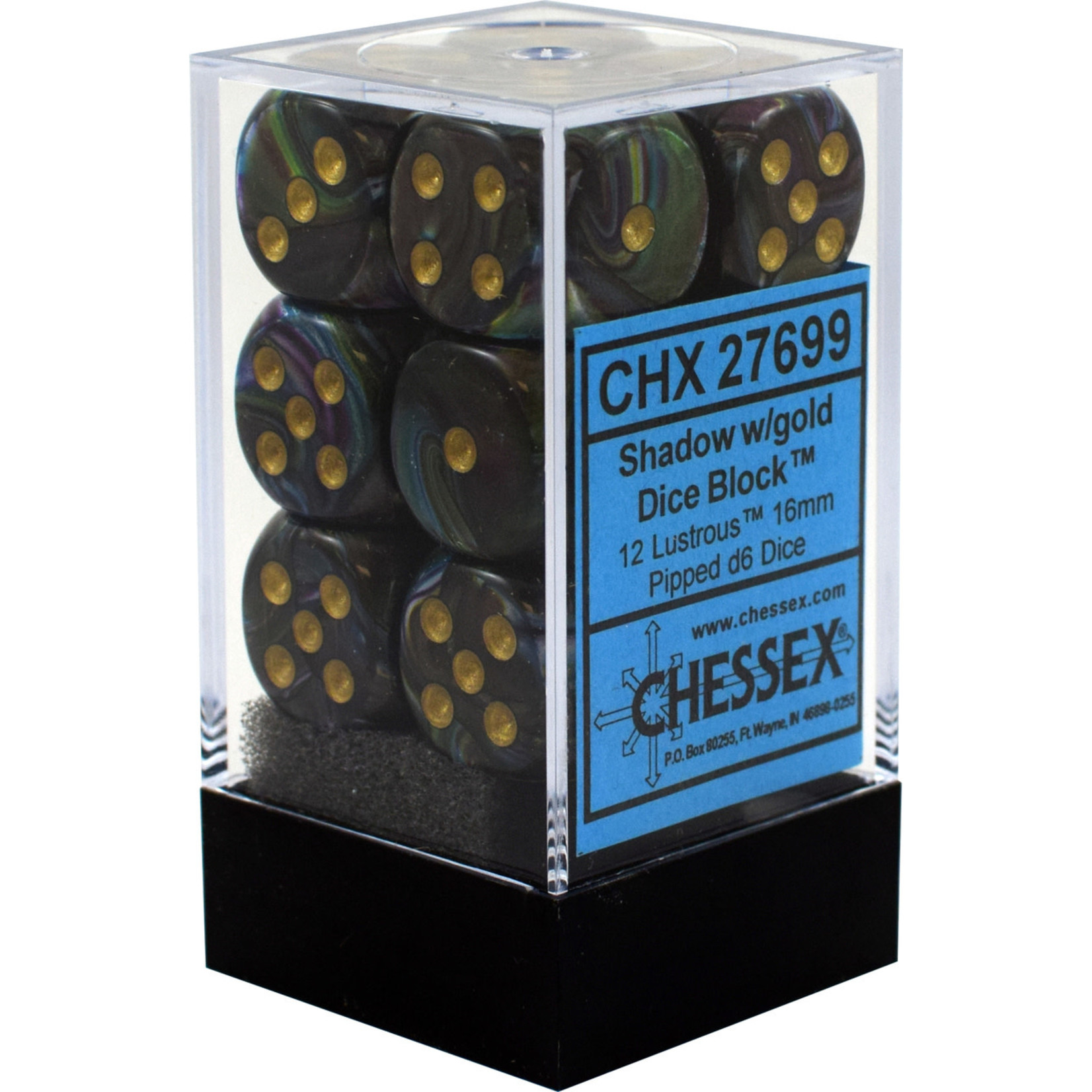 Chessex Lustrous Shadow w/Gold 16mm d6 Block 12