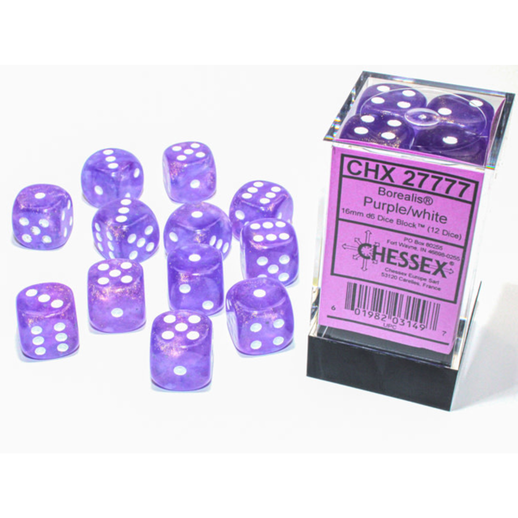 Chessex Borealis: 16mm d6 Purple/white Luminary Dice (12)