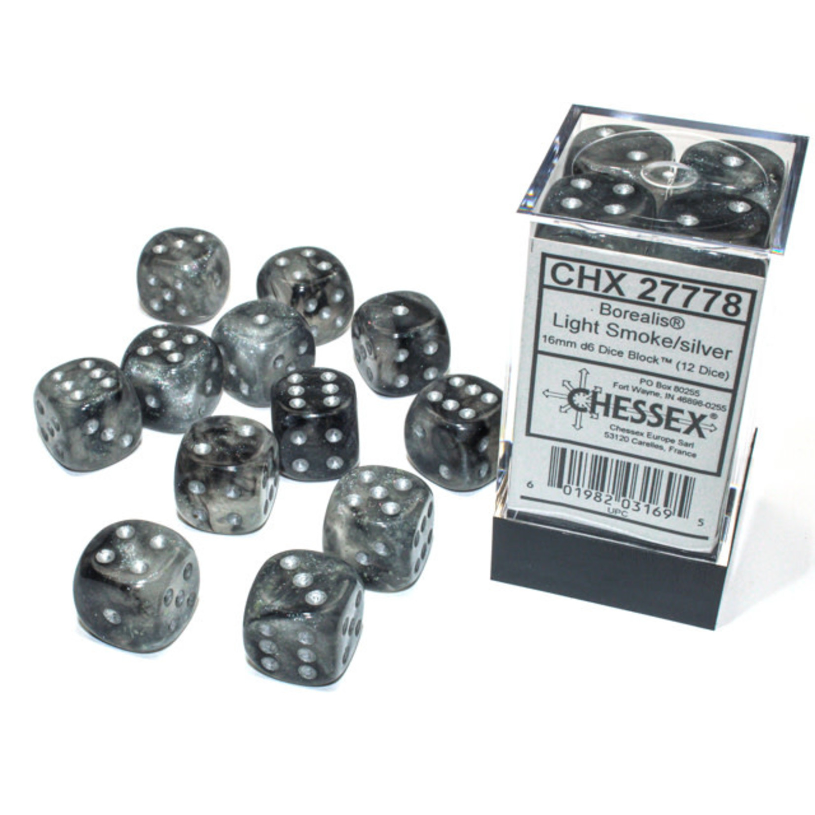 Chessex Borealis: 16mm d6 Light Smoke/silver Luminary Dice (12)