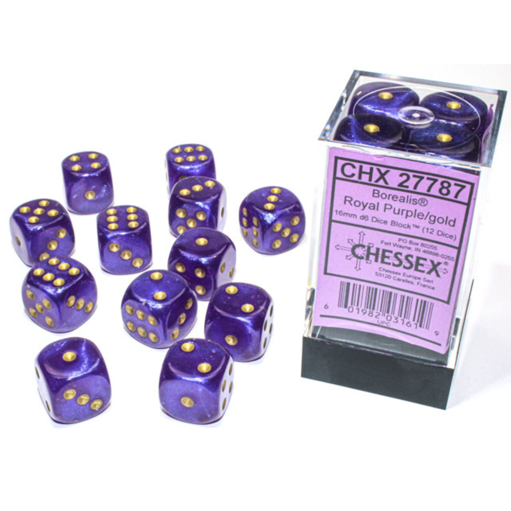 Chessex Borealis: 16mm d6 Royal Purple/gold Luminary Dice (12)