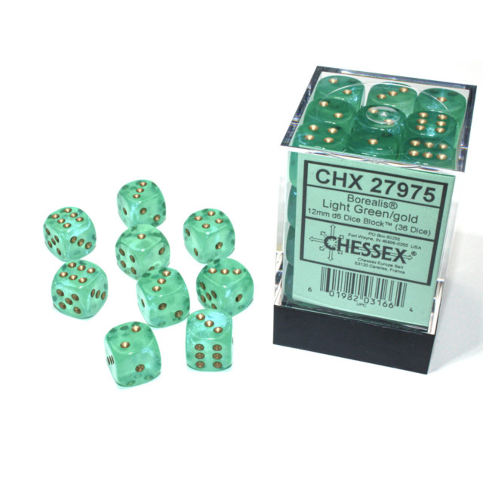 Chessex Borealis: 12mm d6 Light Green/gold Luminary Dice (36)