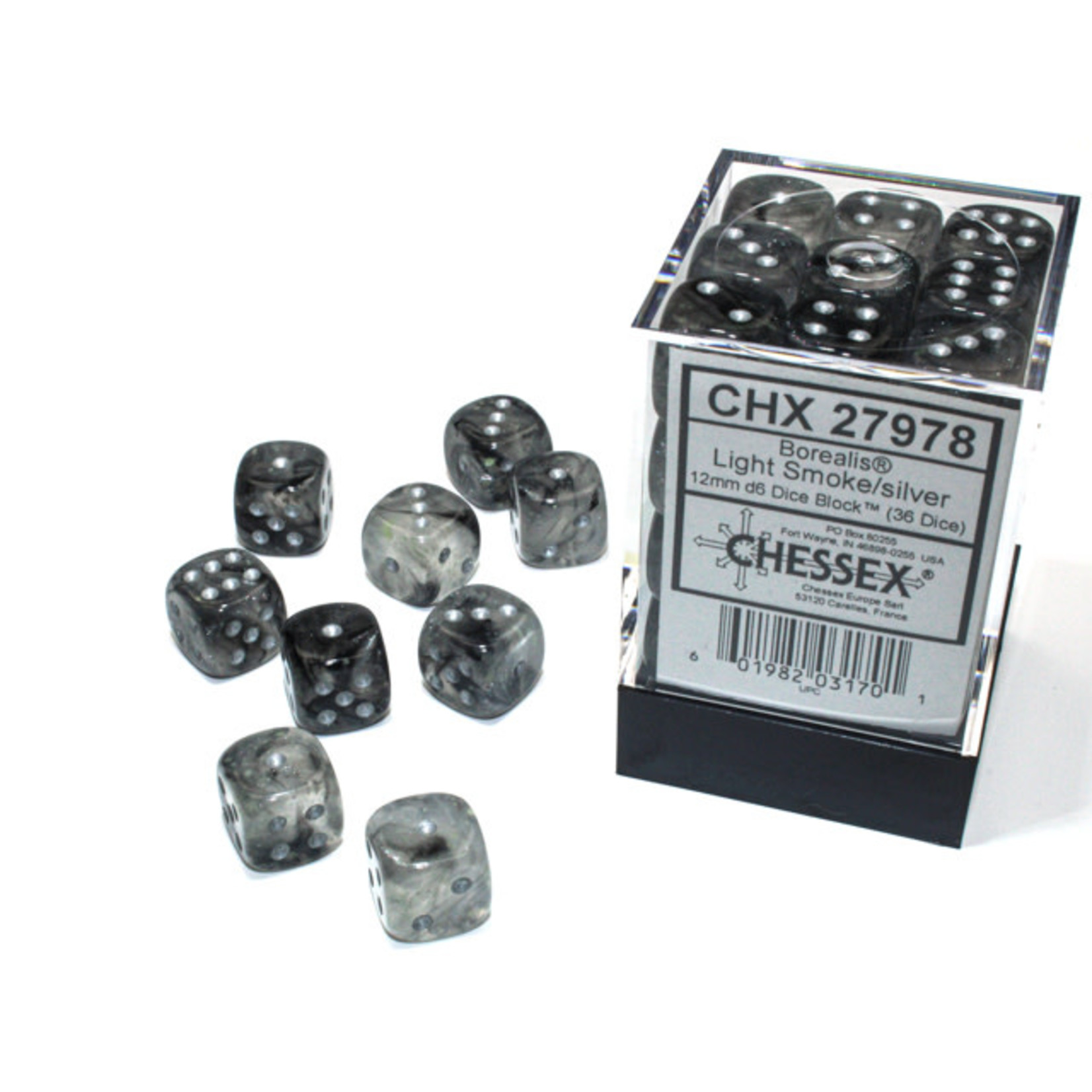 Chessex Borealis: 12mm d6 Light Smoke/silver Luminary Dice (36)