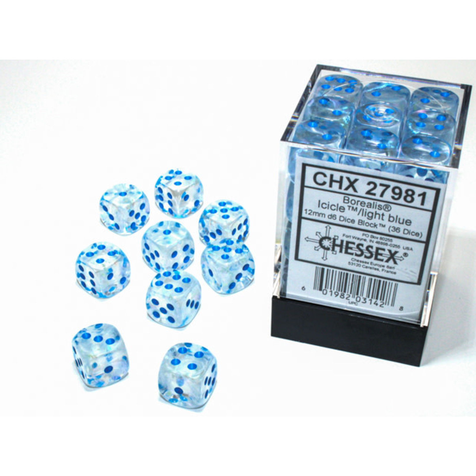 Chessex Borealis: 12mm d6 Icicle/light blue Luminary Dice (36)