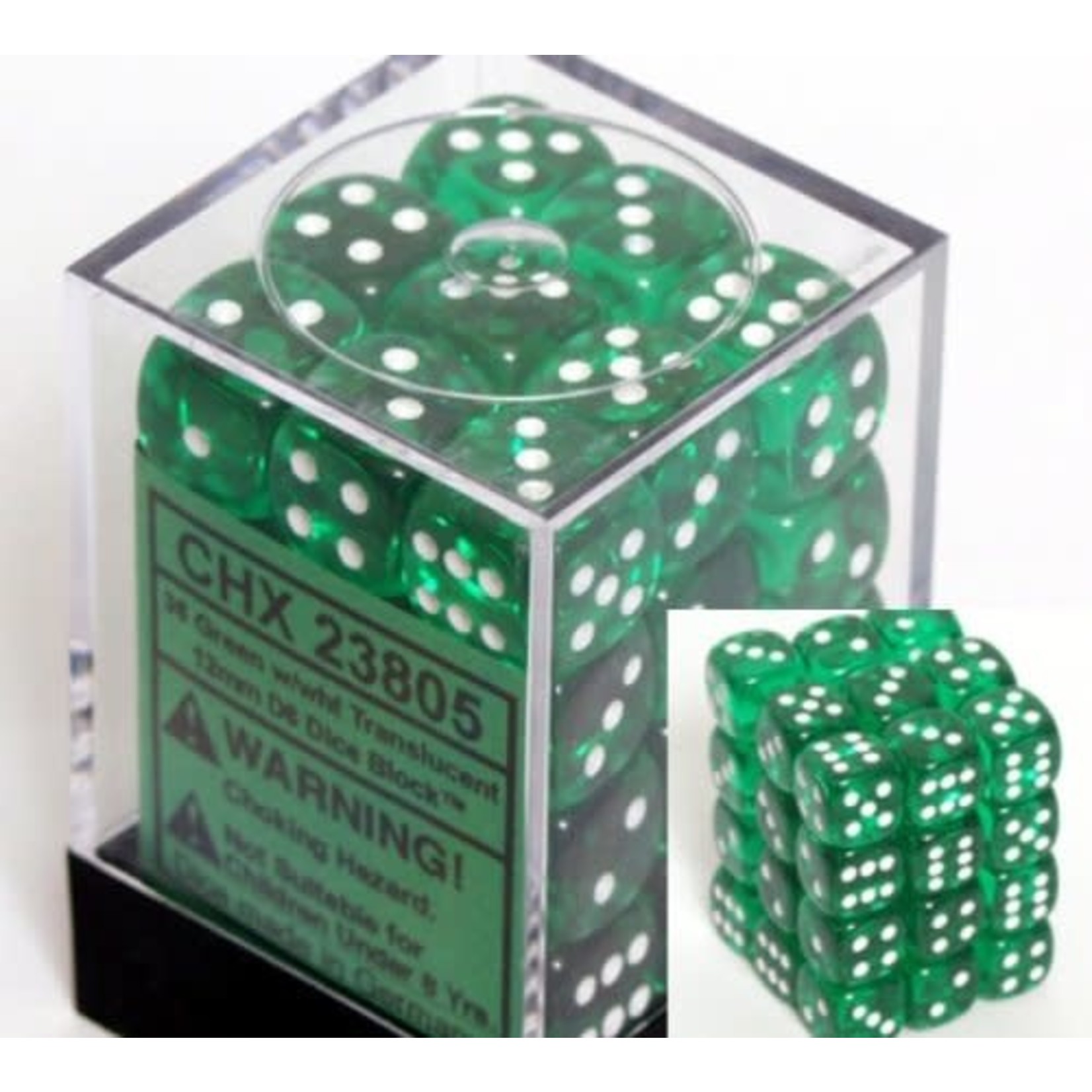 Chessex Translucent 12mm d6 Green/white Dice (36)