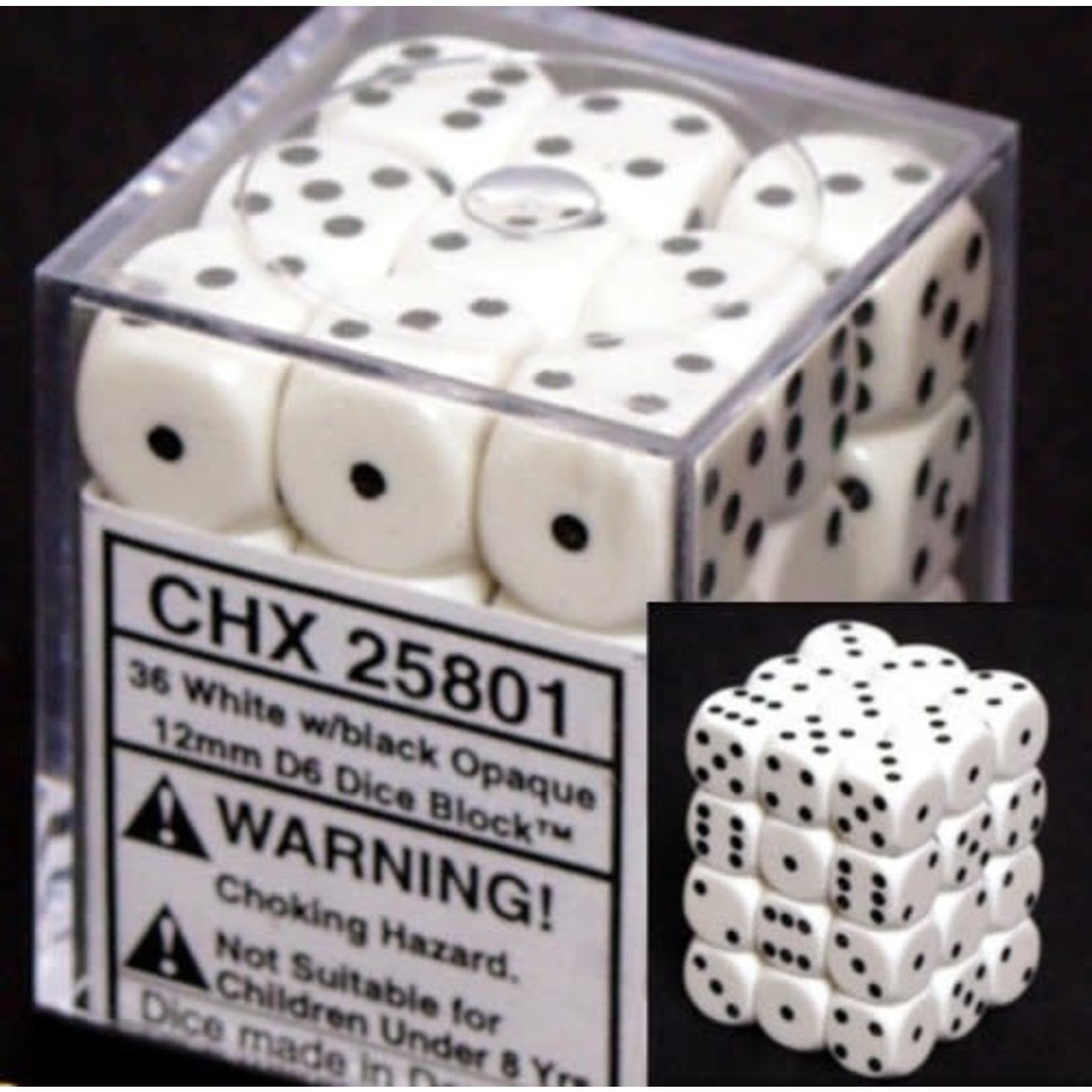 Chessex Opaque 12mm d6 White Black 36