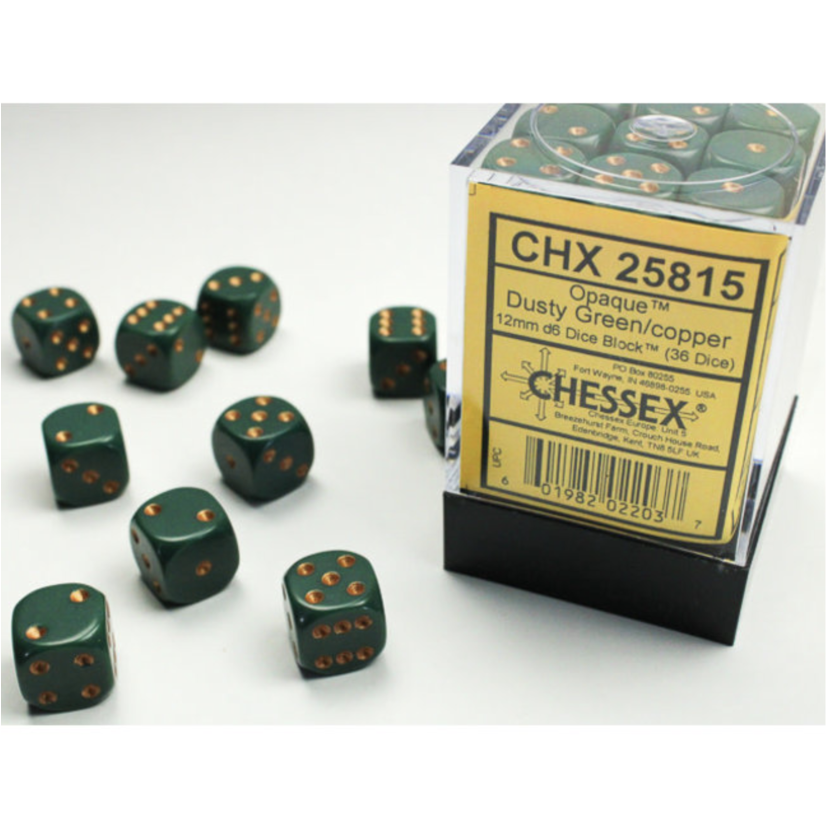 Chessex Opaque: 12mm D6 Dusty Green/Copper (36)