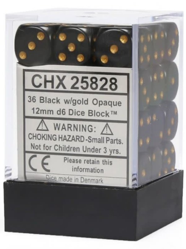 Chessex Opaque: 12mm D6 Black/Gold (36)