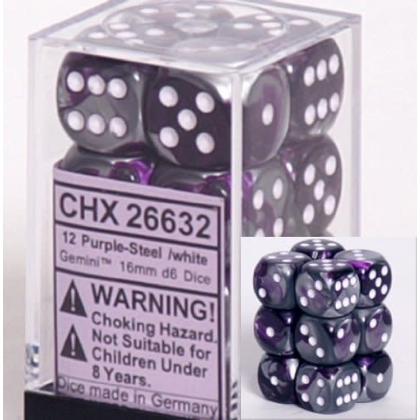 Chessex Gemini 16mm D6 Purple Steel/White(12)