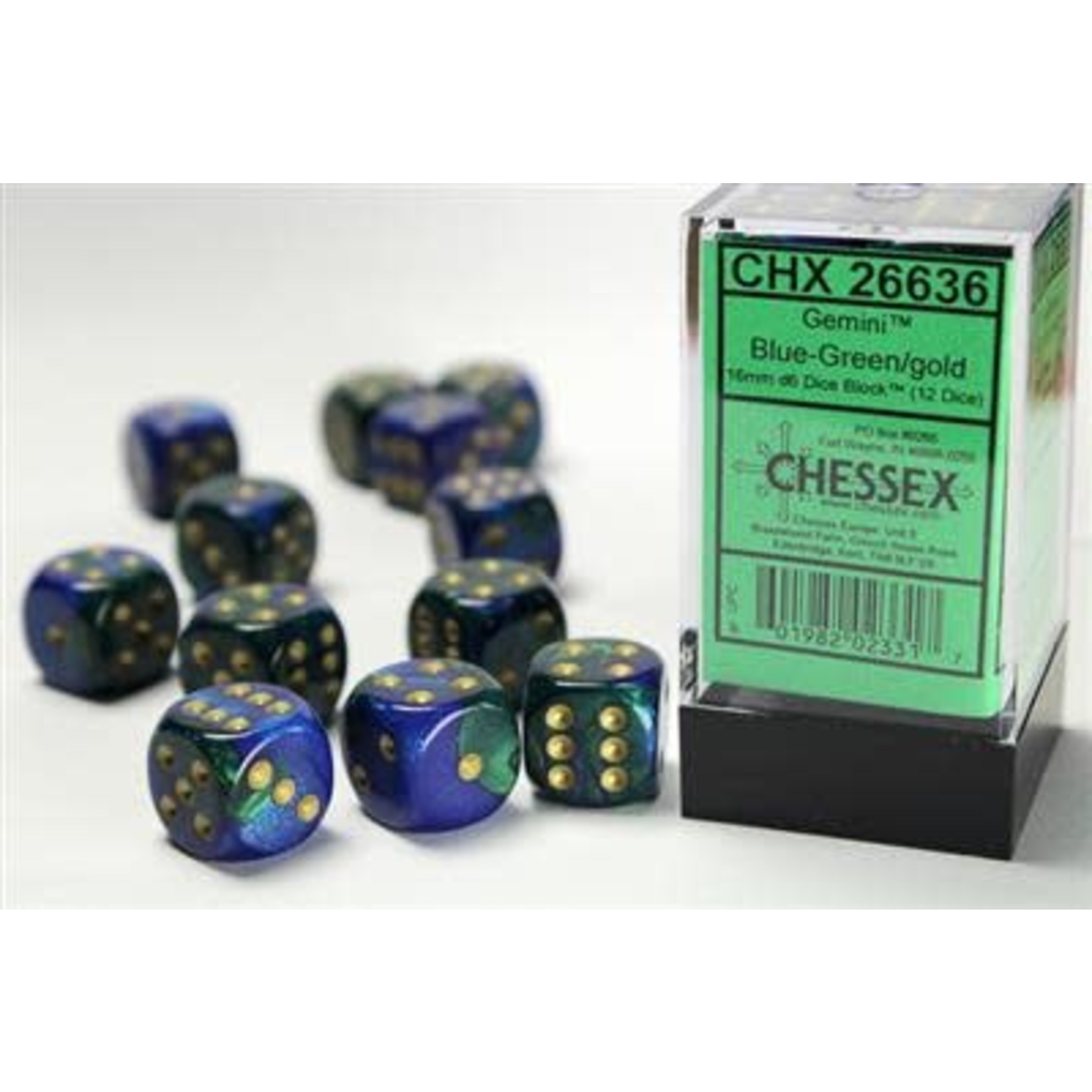 Chessex Gemini 16mm d6 Blue-Green/Gold (12)