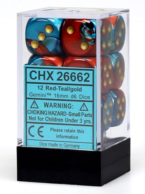 Chessex Gemini Red Teal w/gold 16mm d6 (12)
