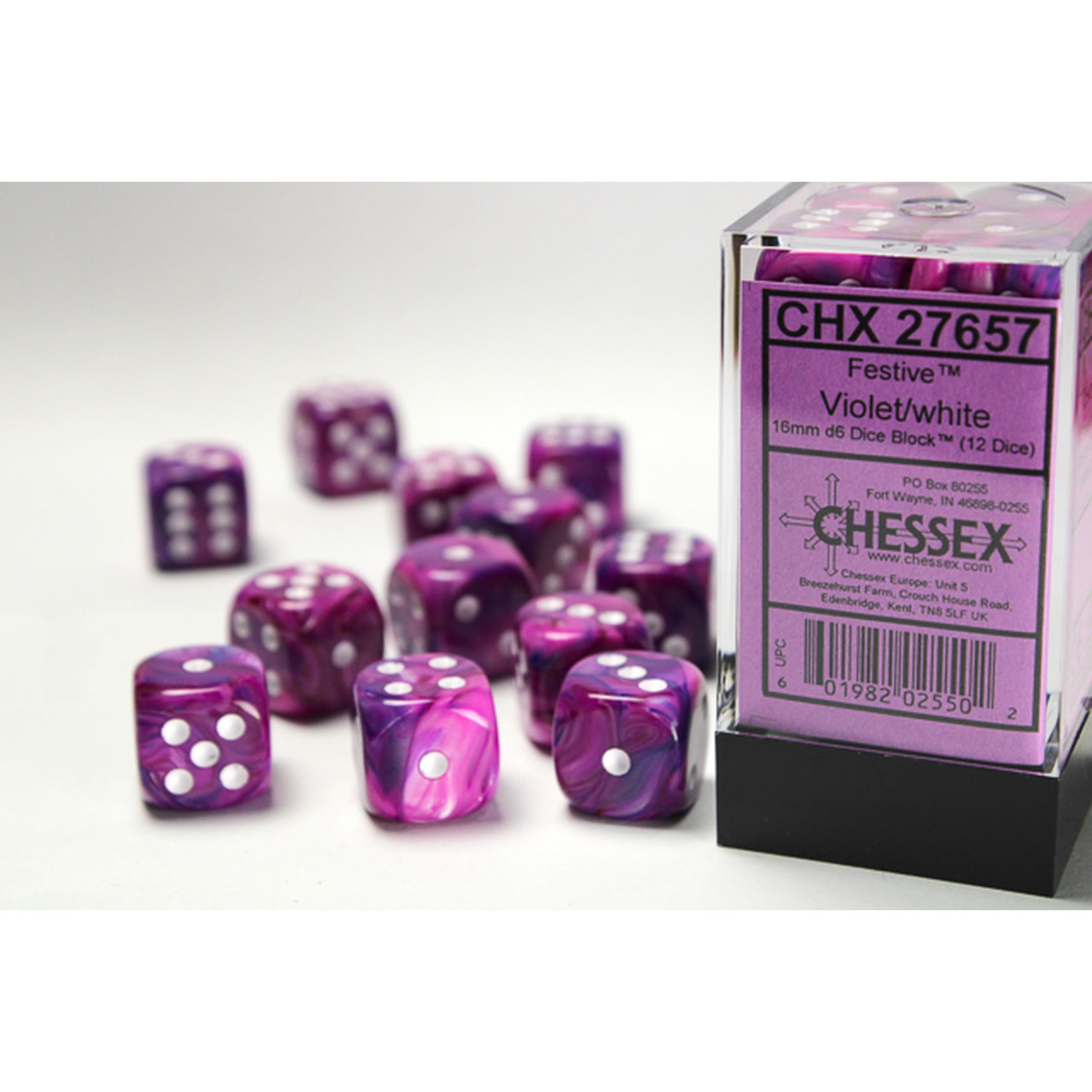 Chessex Festive: Violet/White 16mm d6 block (12)