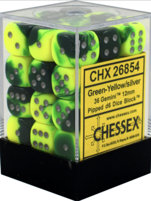 Chessex Gemini 12mm d6 Green-Yellow silver (36)
